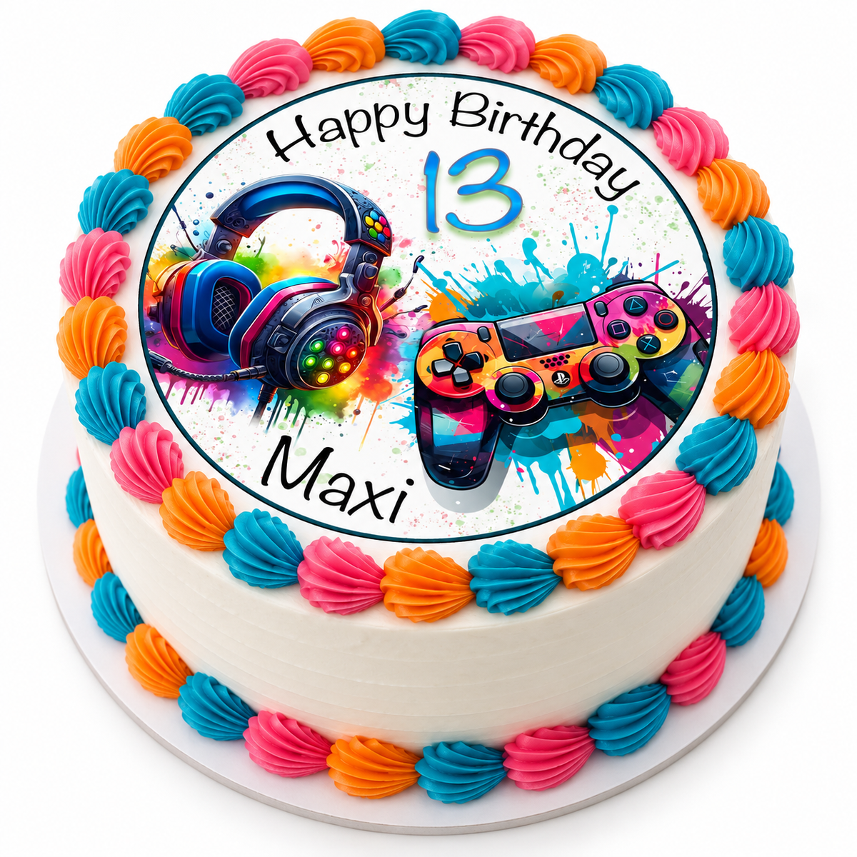 MUCKKI-PRO:341a45c9058b15ad2444e7f17bd773a915aab78095e888996492d509508ab1fd:Tortenaufleger Geburtstag Gamer Controller, HeadSet Personalisiert 3 Name & Zahl (20cm) Fondant Papier