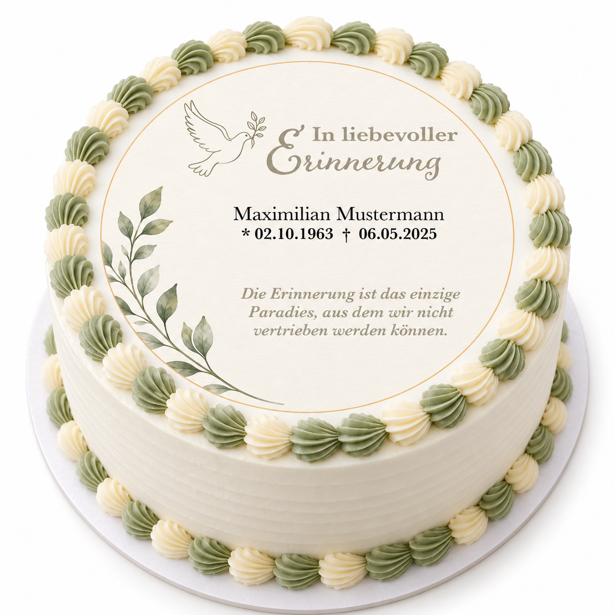 MUCKKI-PRO:2ca4214ce9f007a5309d4ce22981e091b20f41316f9e6d1d40cfd216e41177f7:Tortenaufleger Trauerfeier Vogel 01 mit Name & Datum (20 cm) Fondant