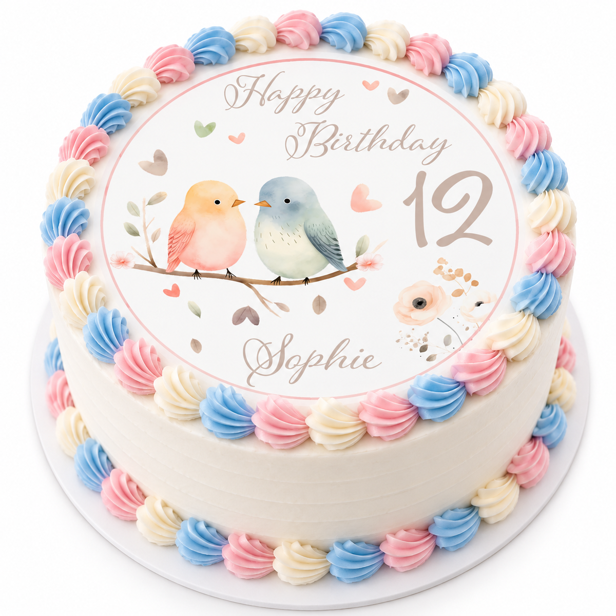 MUCKKI-PRO:4e3fc3feb8220afebed7e33a8c27b3bd87196142a169a24903bebc406fc89a86:Tortenaufleger Geburtstag Vögel 1 Personalisiert Name & Zahl (20cm) Fondant Papier