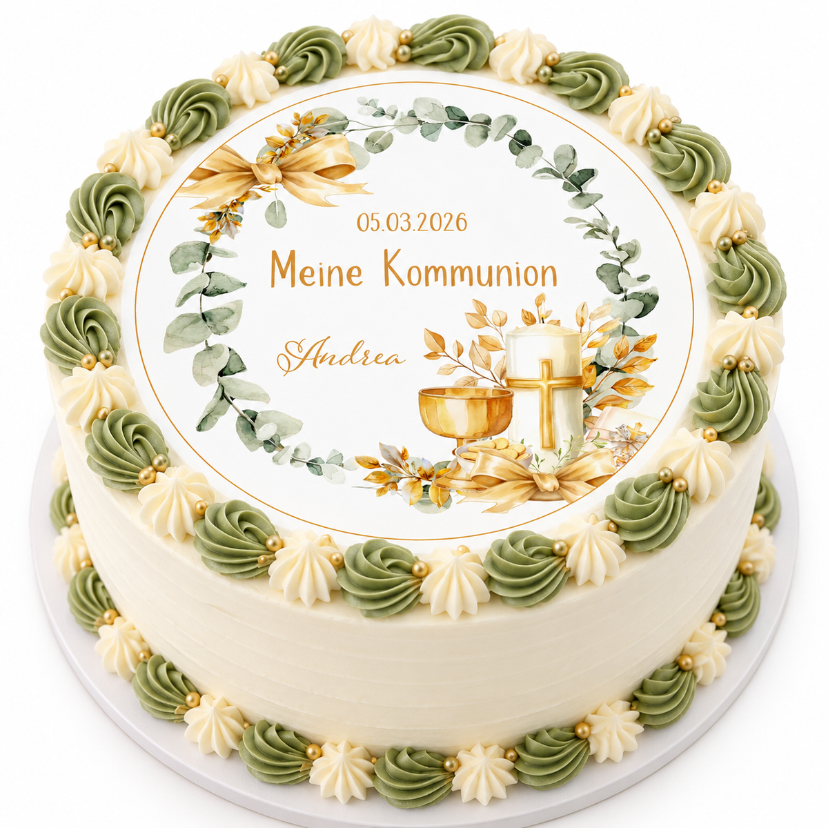 MUCKKI-PRO:e8b0be3740478a445849aa0d6a3abac0ea438ca5b2b2c6e4dd91f662ff7ddea8:Tortenaufleger Kommunion Eukalyptus 2 Name & Datum (20cm)