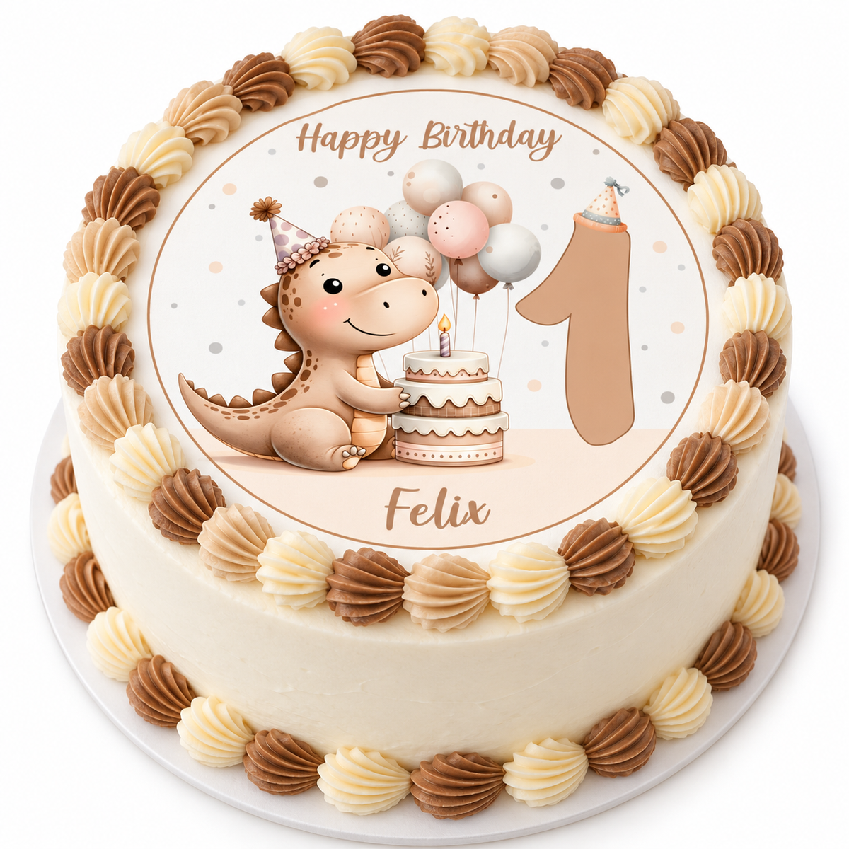 MUCKKI-PRO:a2fa5b09559cd228ae32ce6857714f64e5b16d279b0ac1e40478693d63d1c51a:Tortenaufleger Geburtstag Dino 7 Name & Zahl (20cm) Fondant Papier