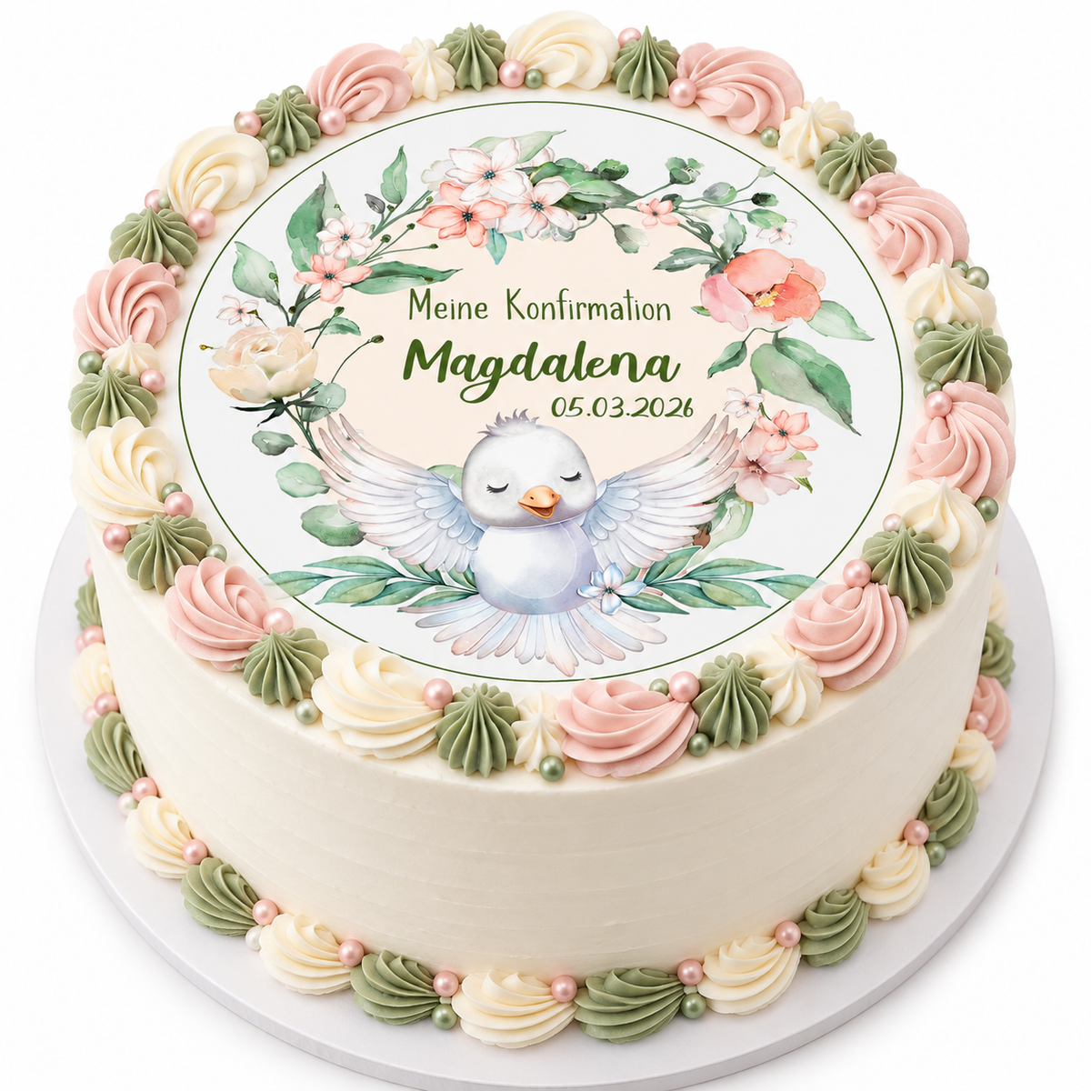 MUCKKI-PRO:5f69689bcaa58106aca69e8feacbad5fde8927a433f5c767d79697ba480abebe:Tortenaufleger Konfirmation Vogel 1 Name & Datum (20cm)