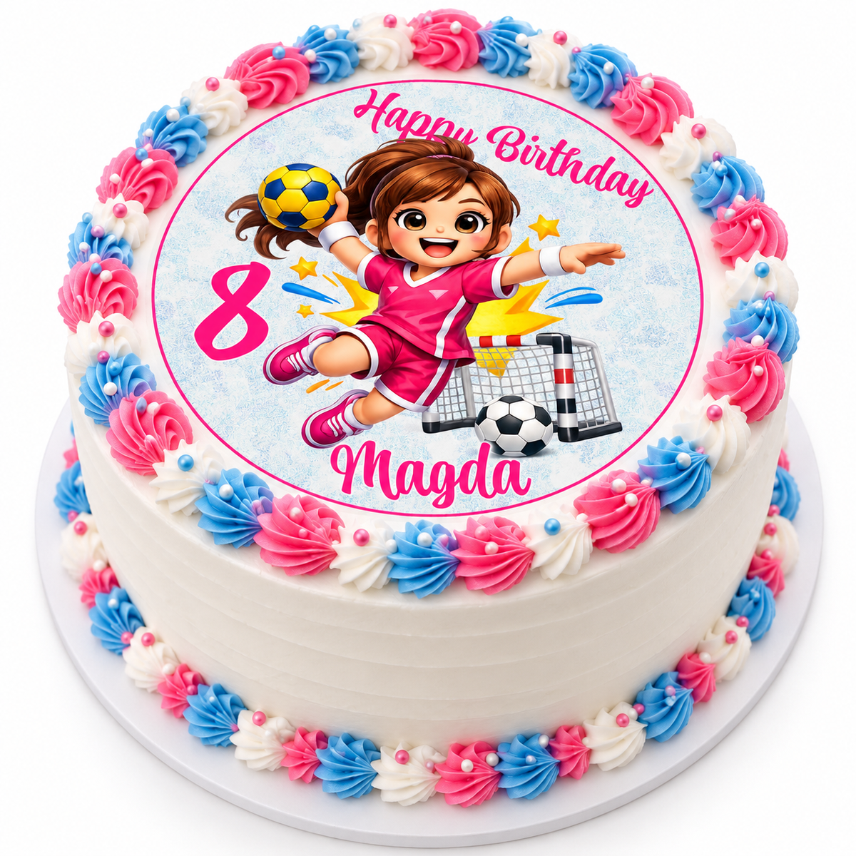 MUCKKI-PRO:66d51c0679298d53156cf2dc1dbefc55e98195b8715637161bb9acde282a78fc:Tortenaufleger Geburtstag Handball 2 Name & Zahl (20cm) Fondant Papier