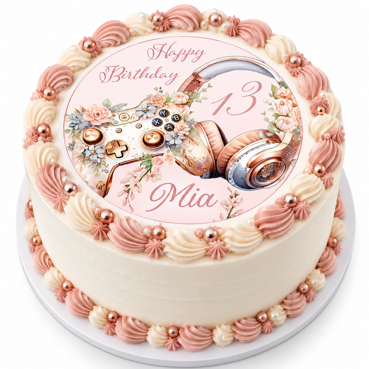 MUCKKI-PRO:e502d678331f2bb802e818f8ed187c39b7122eba37ec002e2a78aeb6bb463f27:Tortenaufleger Geburtstag Gamer Controller, HeadSet Personalisiert 4 Name & Zahl (20cm) Fondant Papier
