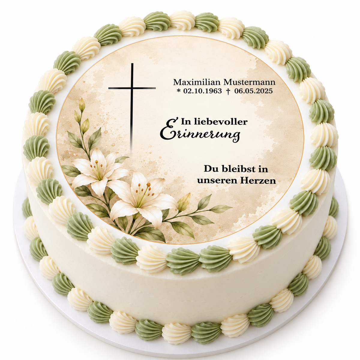 Tortenaufleger Beerdigung & Trauerfeier Blüten 01 – personalisiert mit Name & Sterbedatum Fondantpapier – versch. Formen