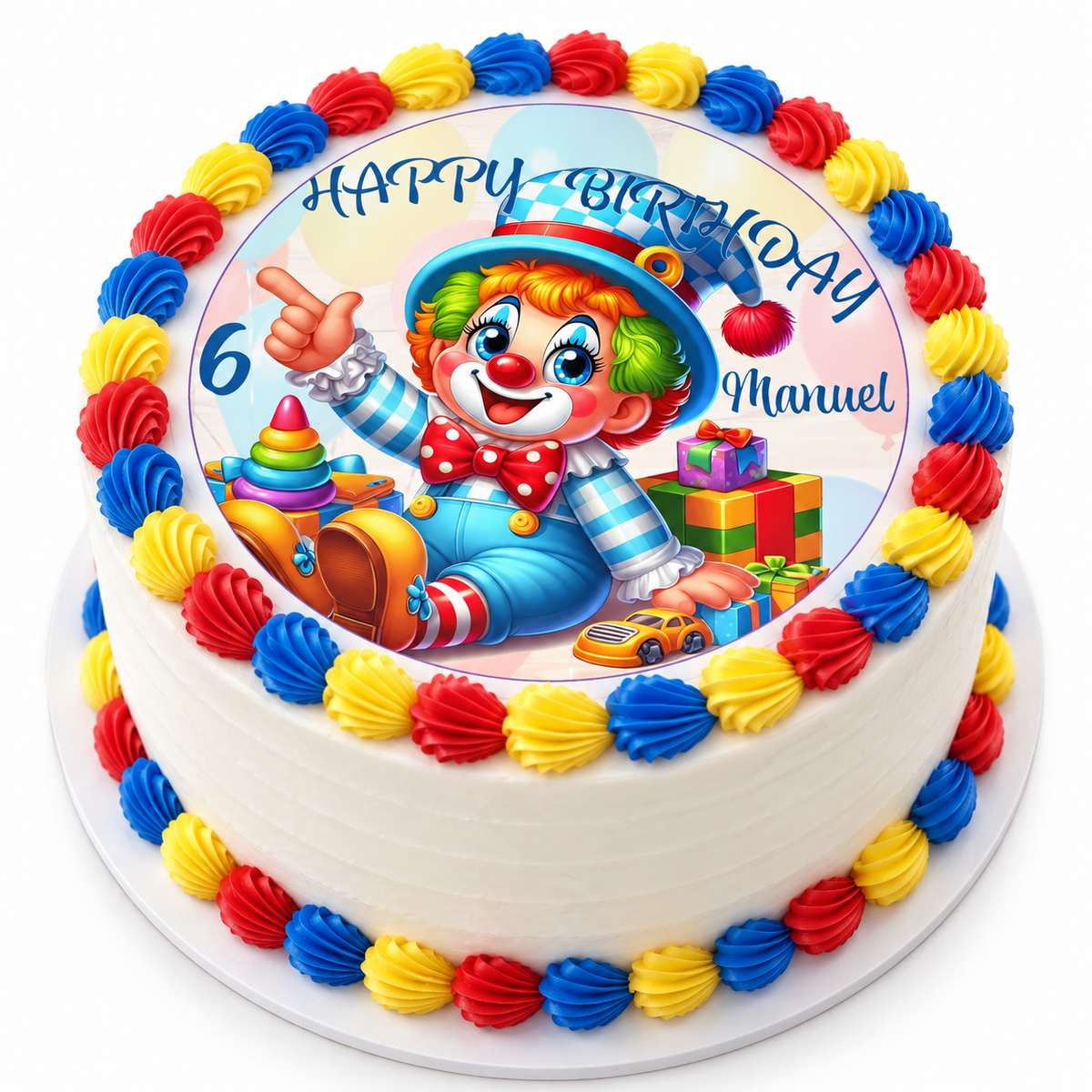 MUCKKI-PRO:e996b9ef59cb2da64cfe73db1579b9fd6c5c22dde883d19b52e3101a54e9d07e:Tortenaufleger Geburtstag Clown-Party 2 Name & Zahl (20cm) Fondant Papier