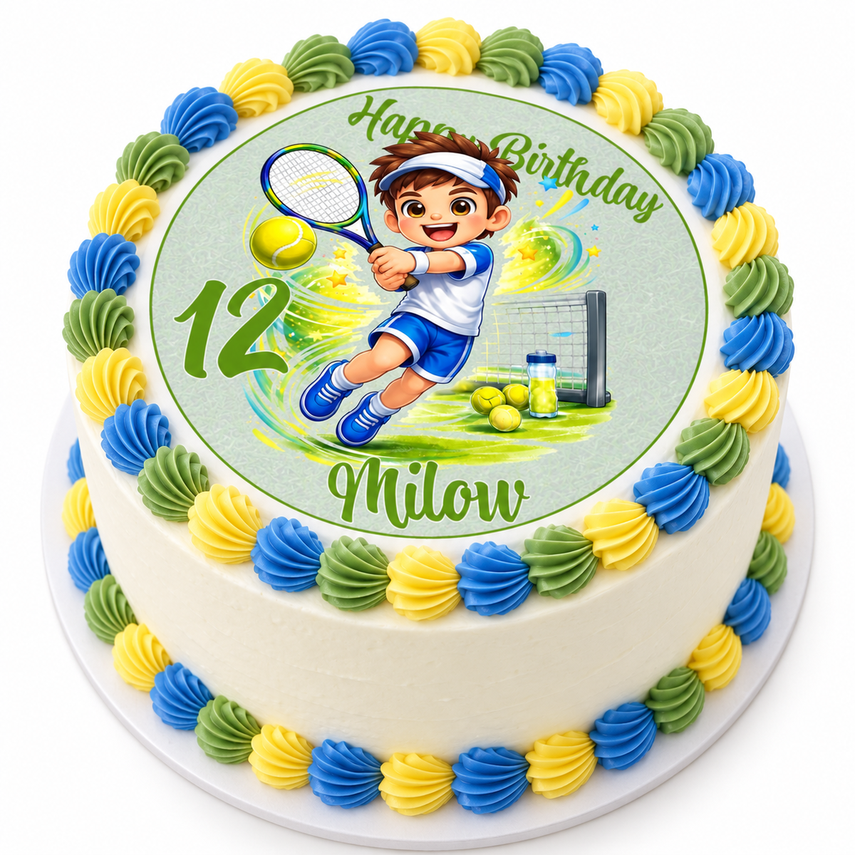 MUCKKI-PRO:4dca591f006ee767f68341fdb19855621c2616745c3e632c7ea4b8a858340b3b:Tortenaufleger Geburtstag Tennis 1 Name & Zahl (20cm) Fondant Papier