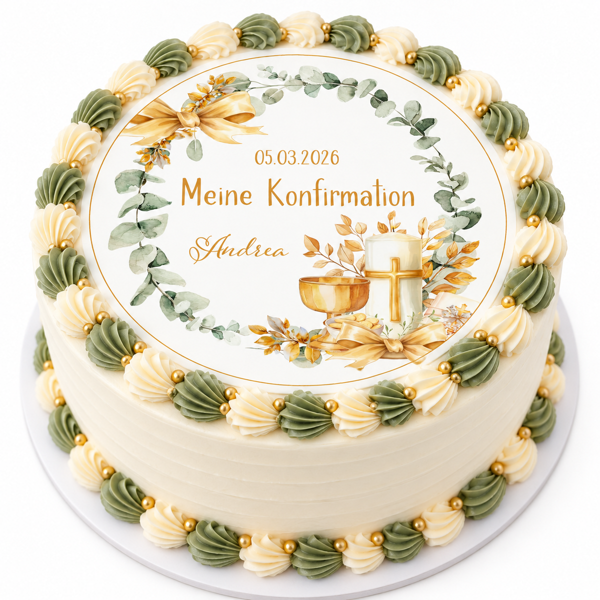 MUCKKI-PRO:38629373df8d1da1fb2713d5ac7d87740009f37fc1307c36e4a14d5ba8f8912f:Tortenaufleger Konfirmation Eukalyptus 2 Name & Datum (20cm)
