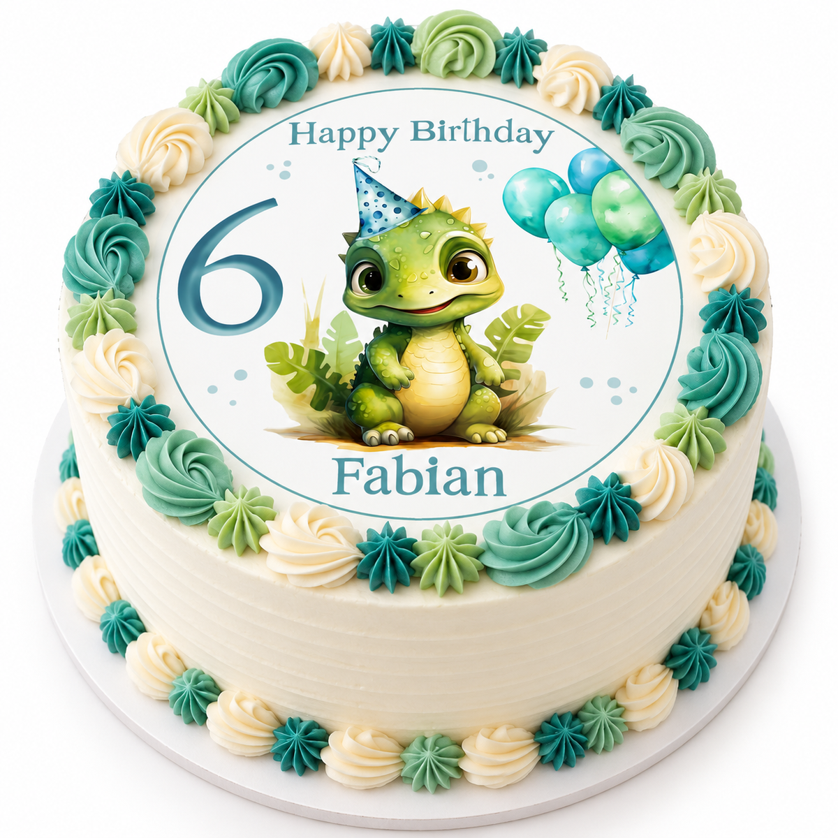 MUCKKI-PRO:7afc22392ff289e2d8bb4a4c38e95243d7c05acbbd73134ac2bb7e7e55090a49:Tortenaufleger Geburtstag Dino 6 Name & Zahl (20cm)