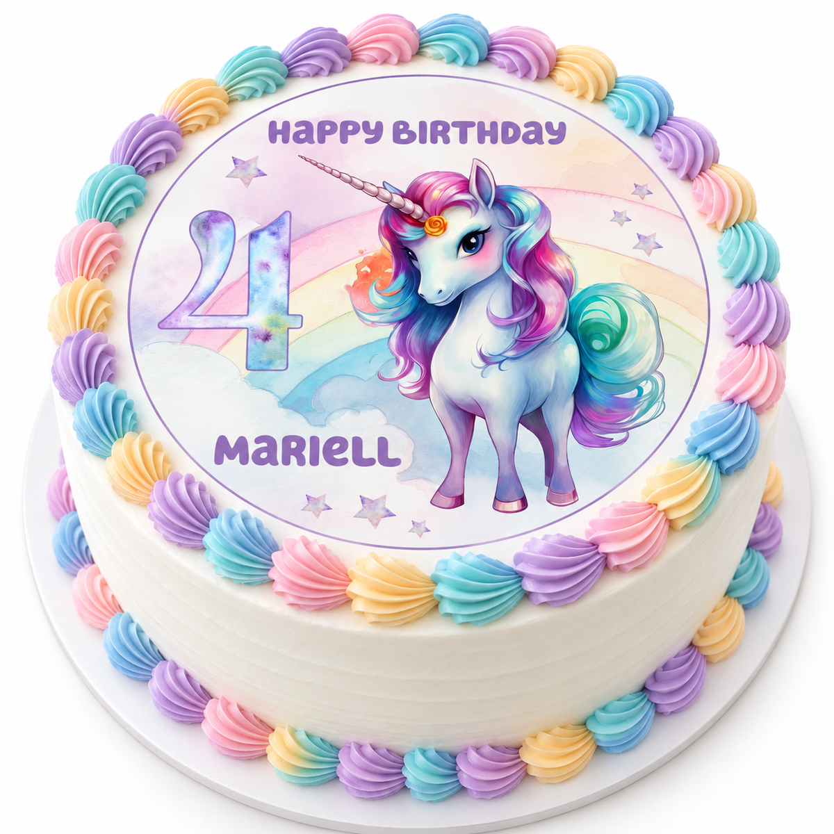 MUCKKI-PRO:90e3546414db6b00c47ec7a4b3c7ffbafb08ccf7319caadcbf54931019a8e340:Tortenaufleger Geburtstag Einhorn 4 Name & Zahl (20cm) Fondant Papier