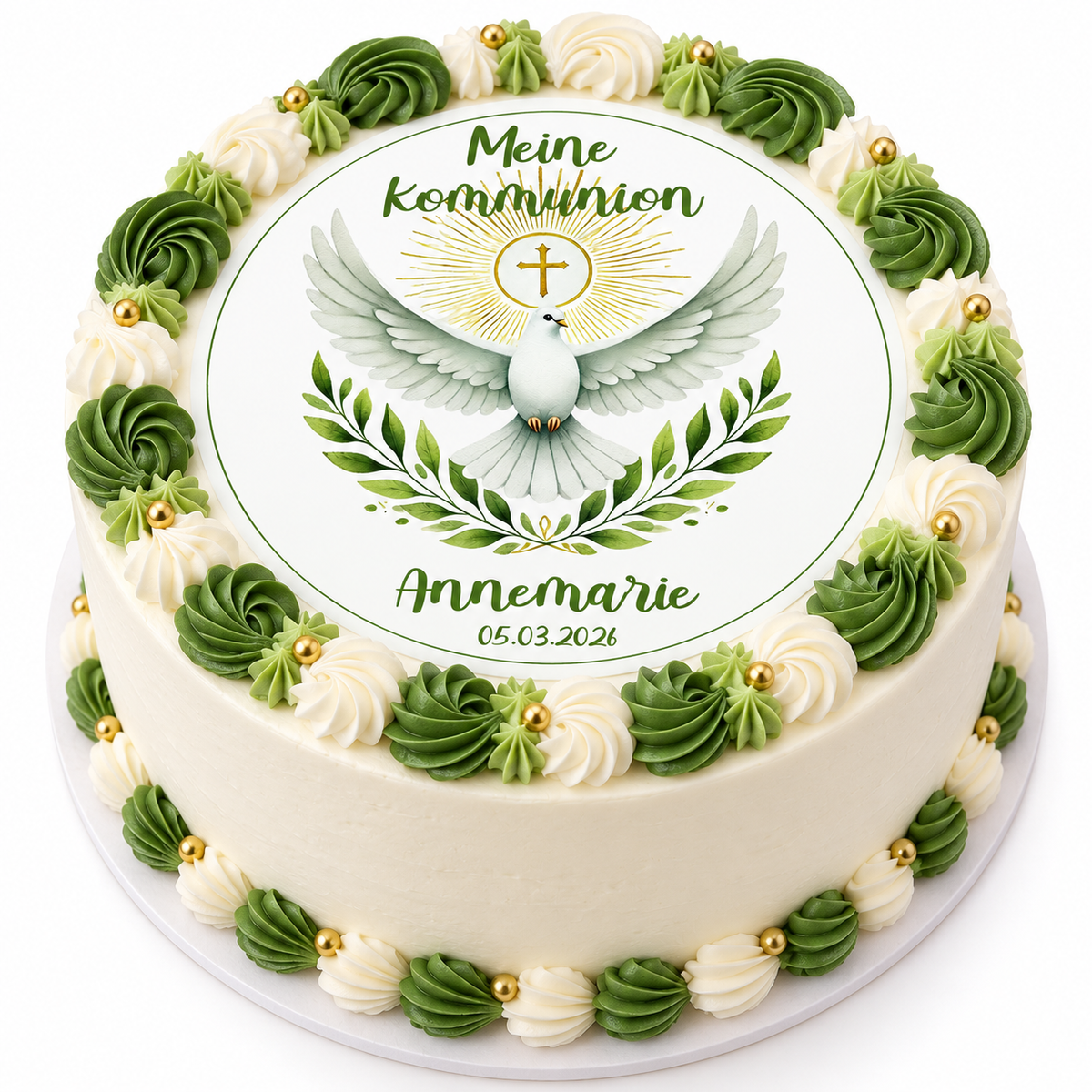 MUCKKI-PRO:644960e796443894ff31b28217f1960d255b08fd966ba32150525091b8a562f3:Tortenaufleger Kommunion Heiliger Geist1 Name & Datum (20cm)