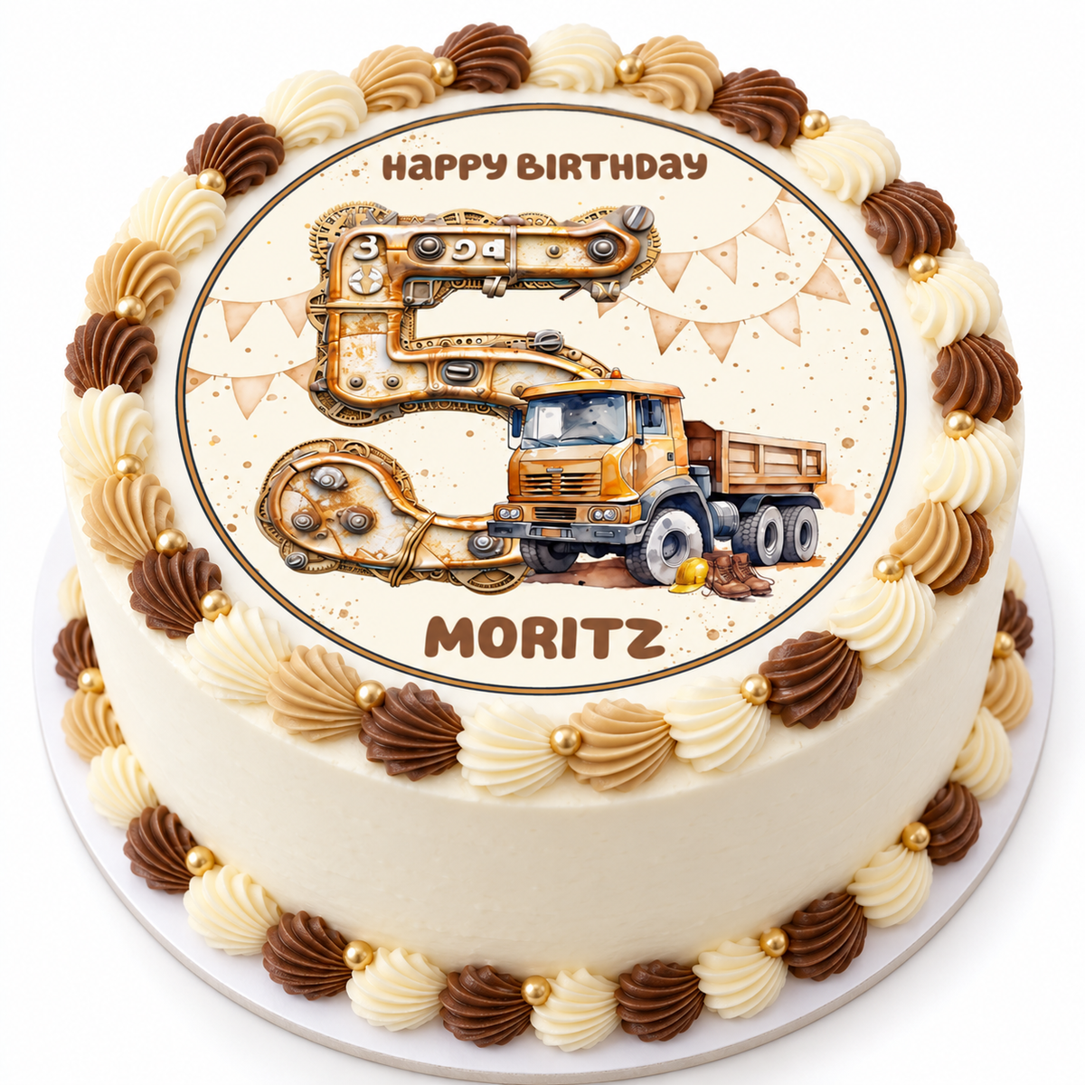 MUCKKI-PRO:2388f5e9bd51c09a44b254104f79b20f410efdc1488445762285bde67ada63b5:Tortenaufleger Geburtstag Baufahrzeug 3 Kipper Baustelle Name & Zahl (20cm) Fondant Papier