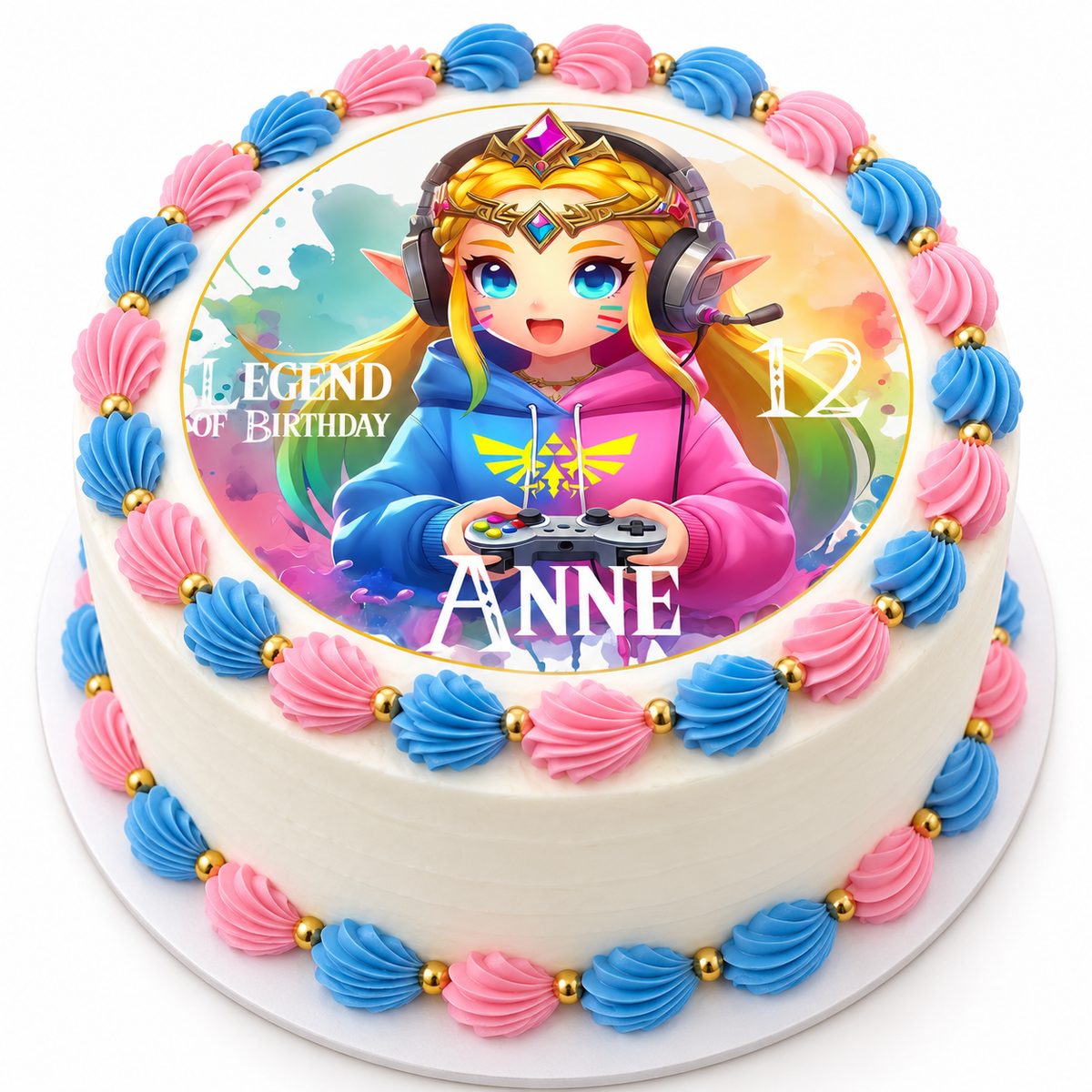 MUCKKI-PRO:4547d2ce3da0d082ecc1d4e3e60bd7bf3ae223f1c6298f65bc27ed2e4dfd3114:Tortenaufleger Geburtstag Gamer 5 Prinzessin Zelda Name & Zahl (20cm) Fondant Papier