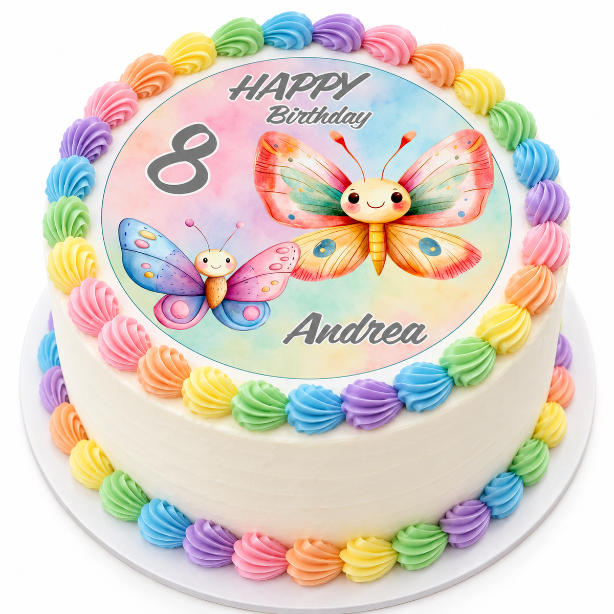MUCKKI-PRO:188b1c91623ece92113eed7d2d9c615b4dfd52d8a7848f4ad3bc3fa74034551d:Tortenaufleger Geburtstag Schmetterling 2 Name & Zahl (20cm) Fondant Papier