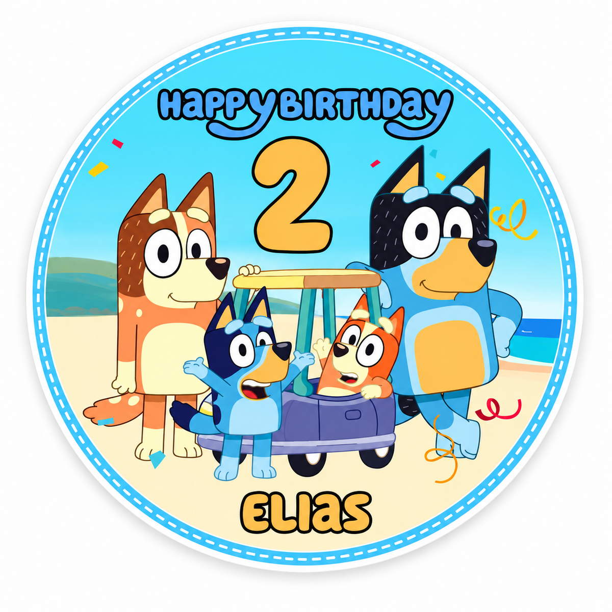 MUCKKI-PRO:4067caa9655e494c107c18d3bb36dee3d58b6f35a58fe0bf9a400fd1487fcc35:Tortenaufleger Geburtstag Bluey 2 Name & Zahl (20cm) Fondant Papier