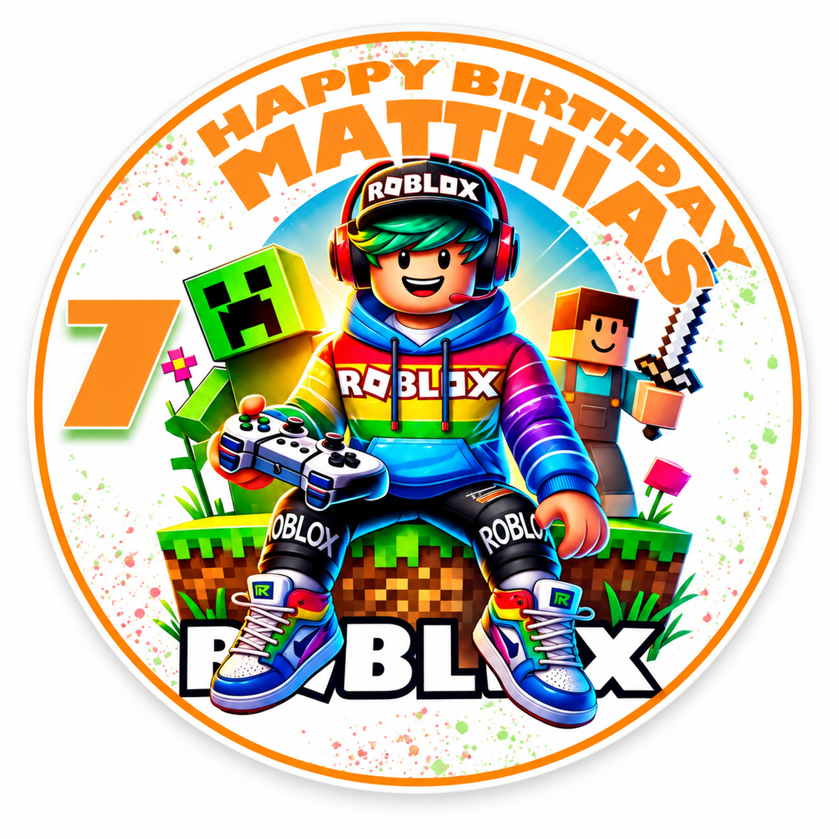 MUCKKI-PRO:20e6aa6b595e5bf6ab5d3d66d20e9ce662e18d89a5c822a4ad09845677673545:Tortenaufleger Geburtstag Roblox Gamer 2 Name & Zahl (20cm) Fondant Papier