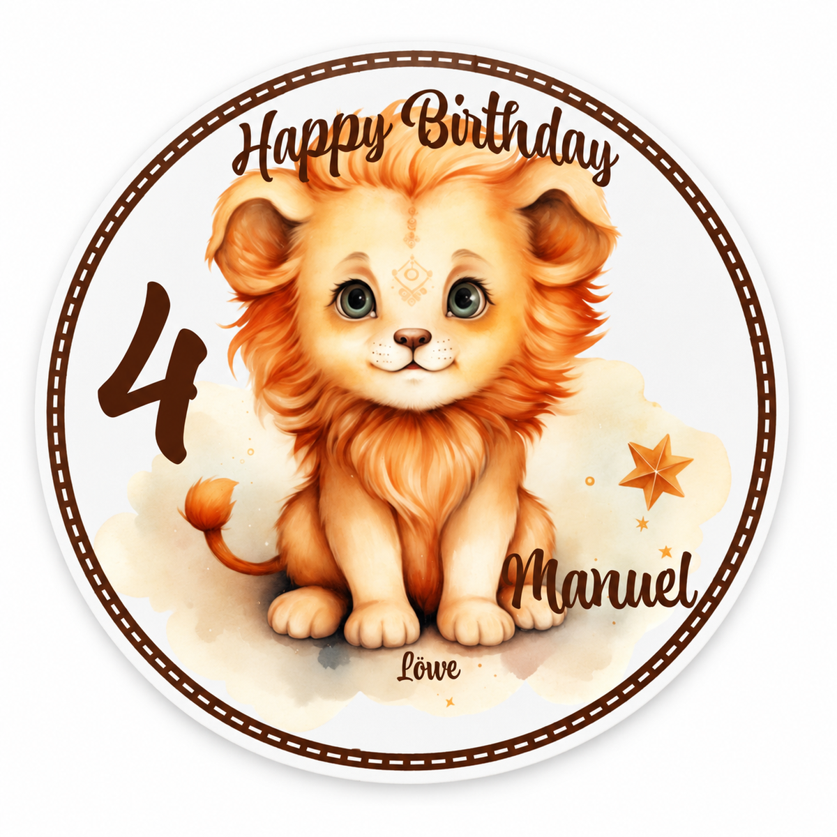 MUCKKI-PRO:f44ebd256a6d6f43102b513cfbe2581925ace3e6e68186d4d222197bf1afbeb1:Tortenaufleger Geburtstag Sternzeichen Löwe 1 Name & Zahl (20cm) Fondant