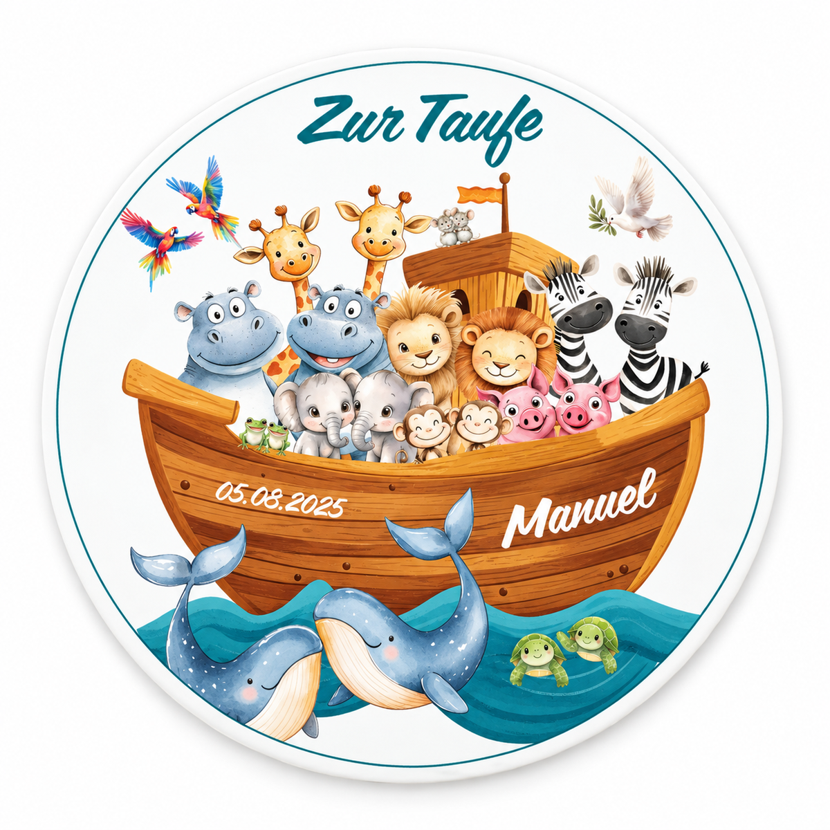 MUCKKI-PRO:9c636fae32efab49ee59a96a236cbb6ff7ea39bcc188f40891454ef9473c467a:Tortenaufleger Taufe Arche-Noah 2 Name & Datum (20cm)