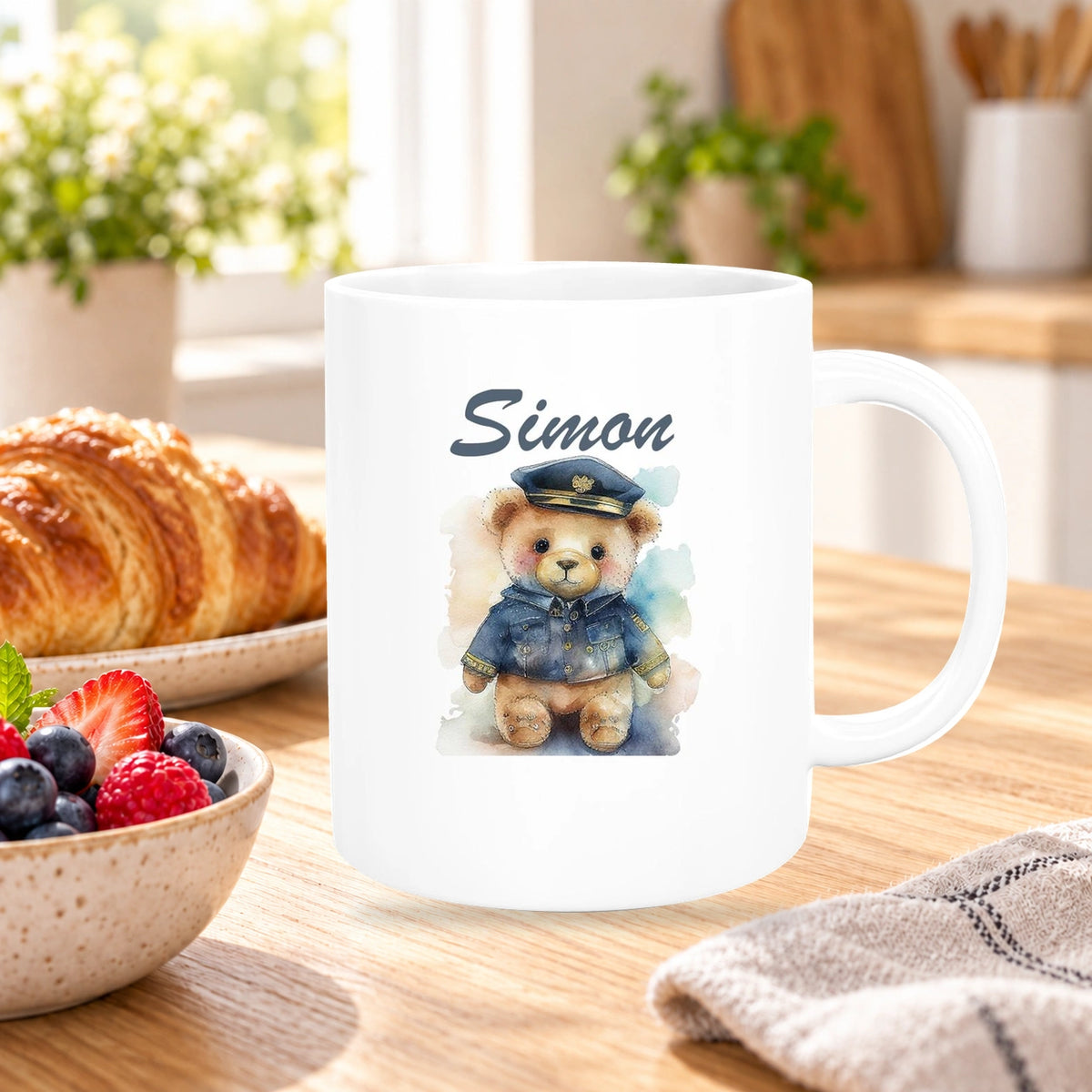 Tasse Polizei Teddy 1 Wunschname Keramik Kinderbecher personalisiert versch. Farben