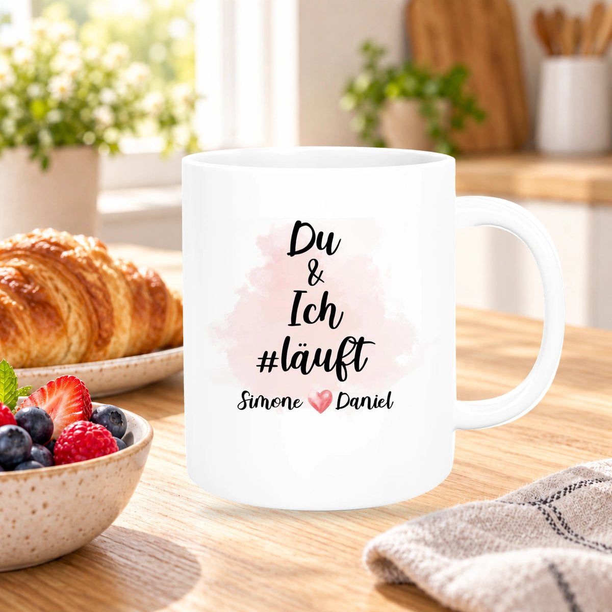 Tasse Spruch "Du & Ich Läuft" Valentinstag 8 Wunschnamen Keramik personalisiert versch. Farben