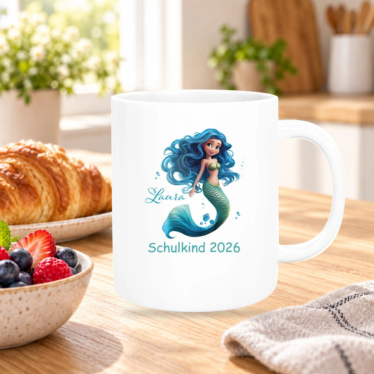 Tasse Schulkind 10 Wunschname Meerjungfrau 1 Keramik Kinderbecher Personalisiert versch. Farben