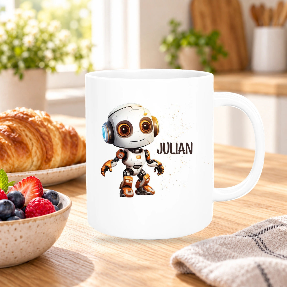 MUCKKI-PRO:2d2a8b630a88861f100d4e81fd344adcc9cd712f18a99eca8e1277597b2d3687:Tasse Wunschname Roboter 3 Keramik Kinderbecher versch. Farben