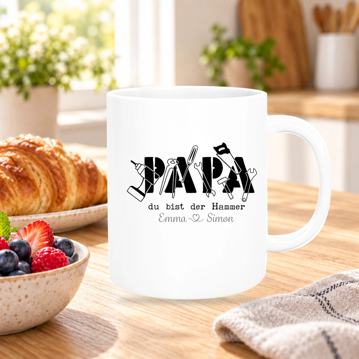 Tasse Vatertag 9 Papa, "Du bist der Hammer" Wunschnamen Keramik Personalisiert versch. Farben