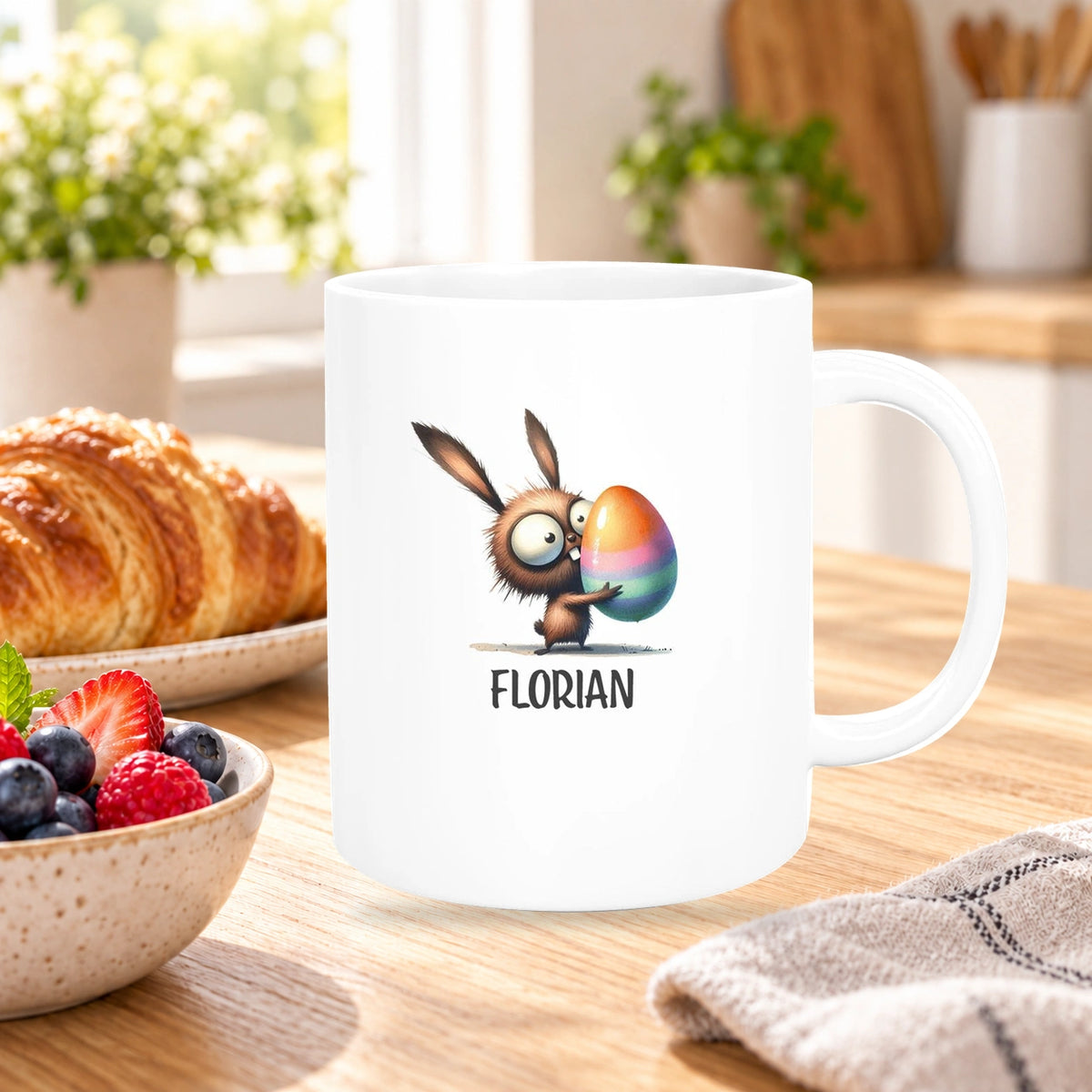 MUCKKI-PRO:320d2acecd4107de0602566bd0e0f45889ad7212f04959a9225bca1ced8f927a:Tasse Ostern - Hase 6 Wunschnamen Keramik personalisiert versch. Farben