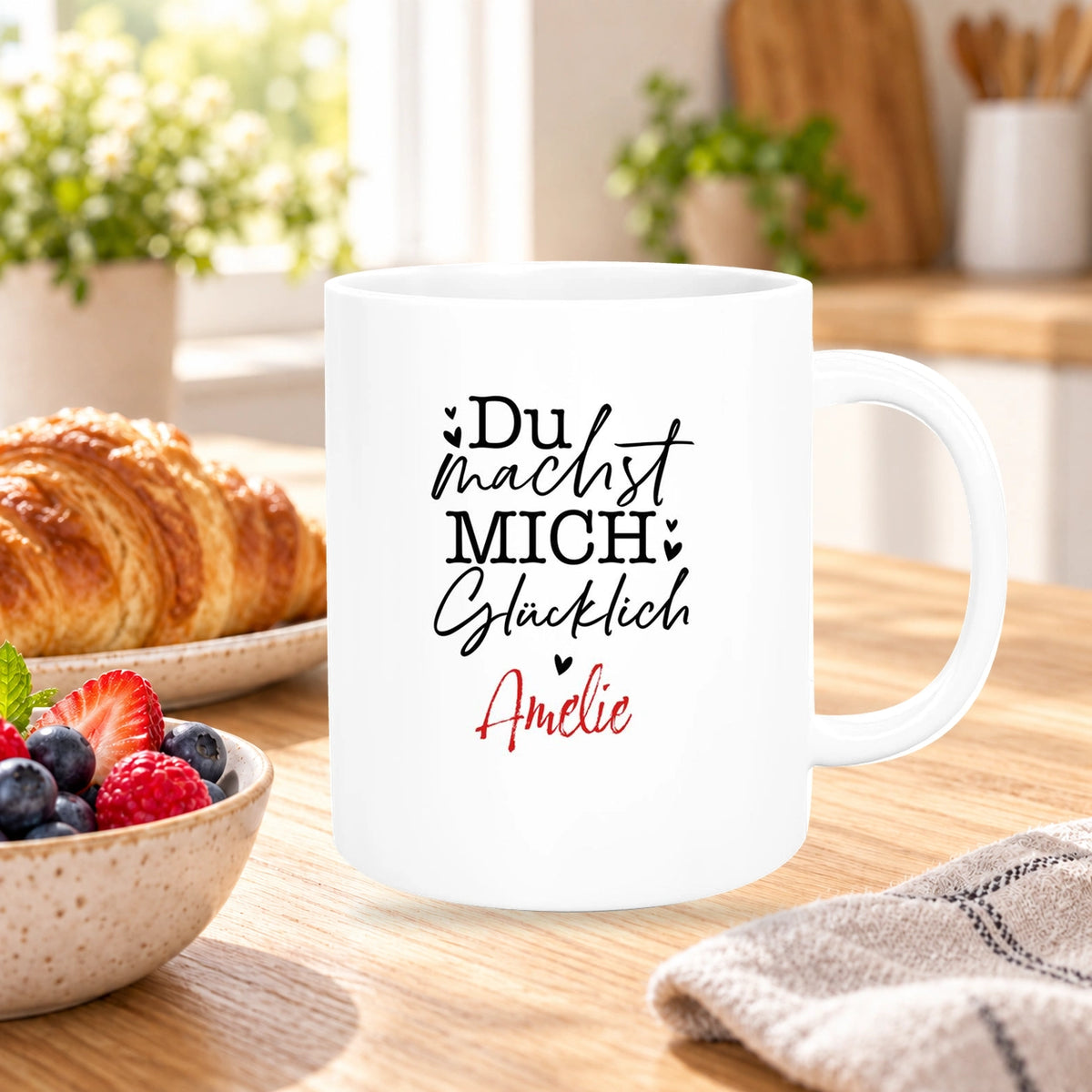 Tasse Liebe - Spruch "Du machst mich glücklich" Valentinstag Wunschnamen Keramik personalisiert versch. Farben