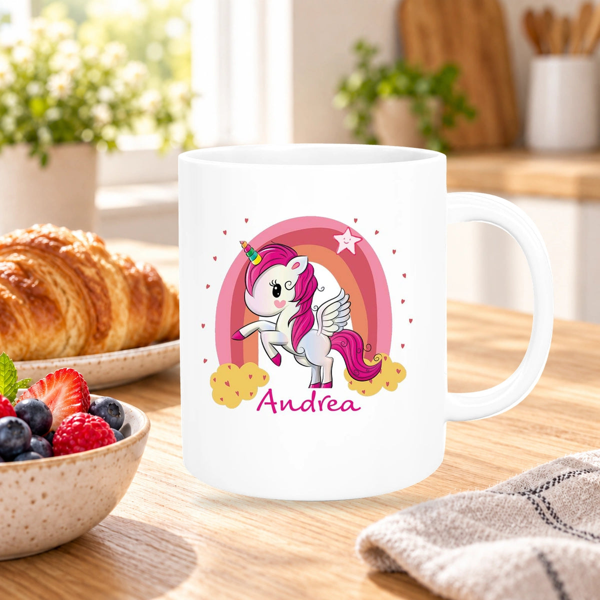 MUCKKI-PRO:82abbd0b0000880a9763cdf2c321c08a73aa67887679a2e94fe0dac45ee227a7:Tasse Wunschname Regenbogen-Einhorn Keramik Kinderbecher personalisiert versch. Farben