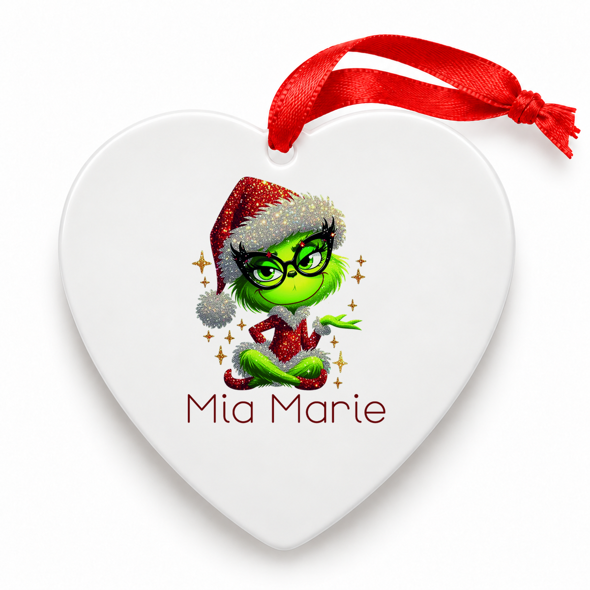MUCKKI-PRO:88a602c58e90ca45bc8a9171aa143b2dffb957e5436e3fffae79a02dd82b73b9:Weihnachtsanhänger personalisiert Lady-Grinch 4 mit Wunschnamen – Rund, Stern, Herz oder Glocke