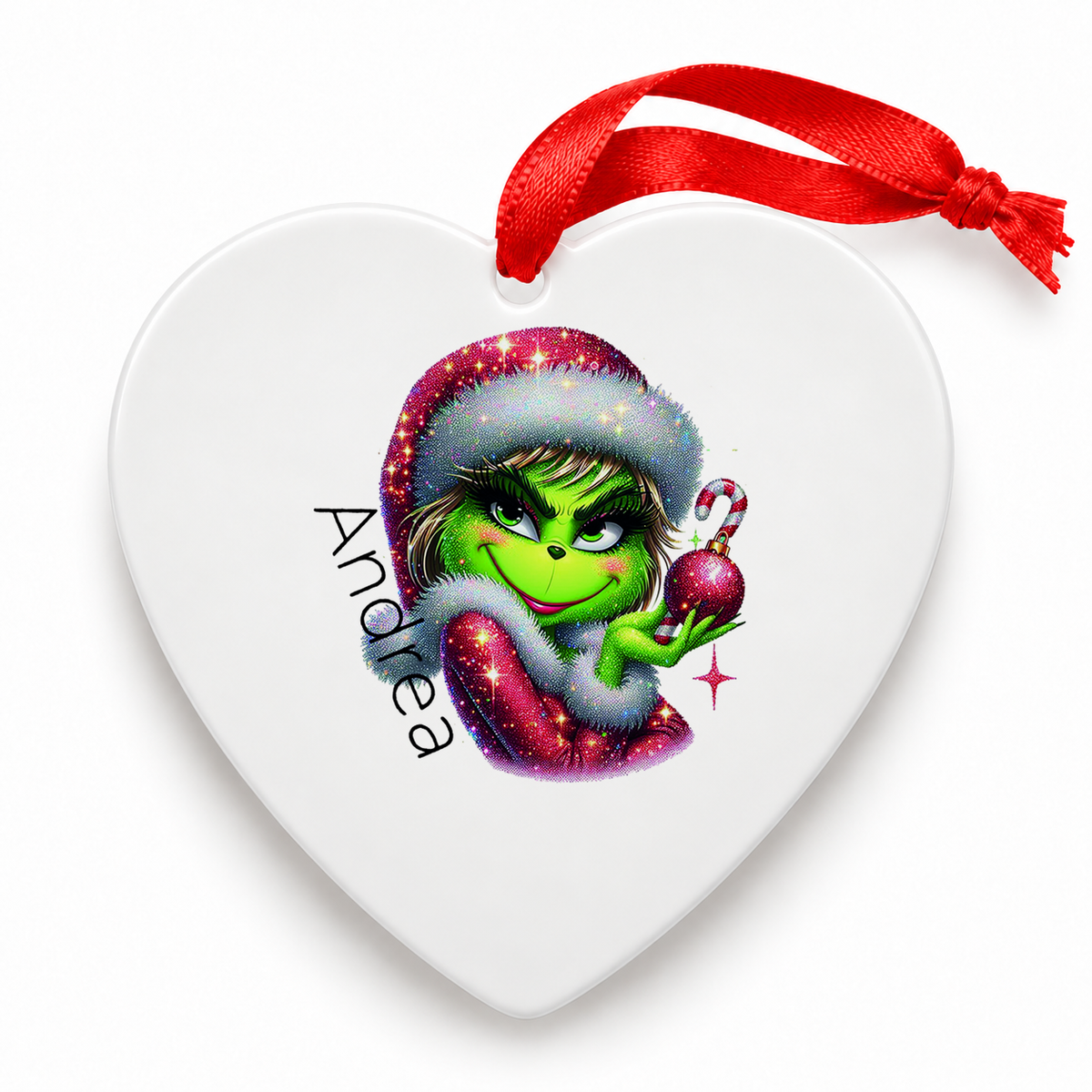 Weihnachtsanhänger personalisiert Lady-Grinch 3 mit Wunschnamen – Rund, Stern, Herz oder Glocke