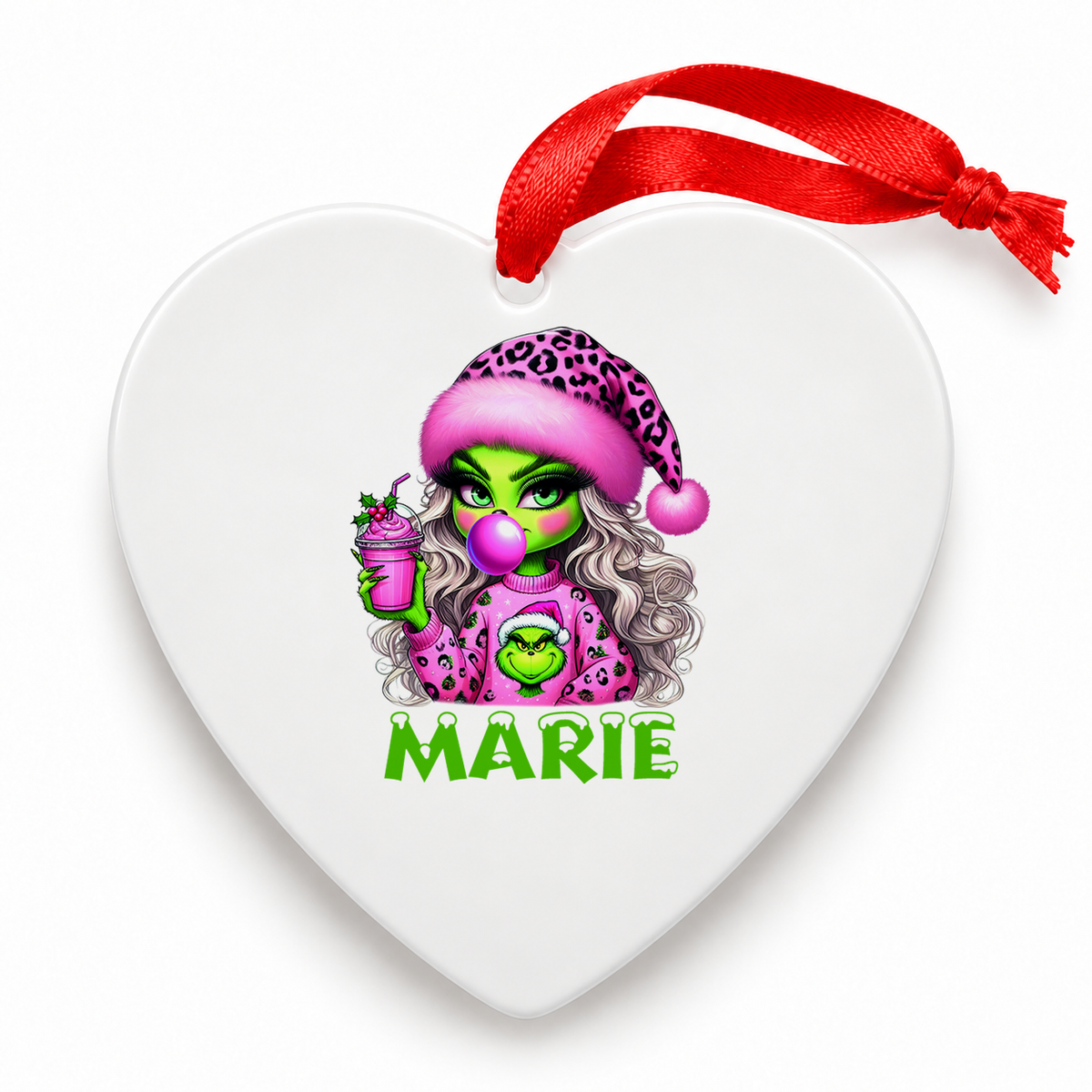 MUCKKI-PRO:6098229363070f9070eeb6203e7856f964f0499fbd7d7e86d1004b23f6028841:Weihnachtsanhänger personalisiert Lady-Grinch 5 mit Wunschnamen – Rund, Stern, Herz oder Glocke