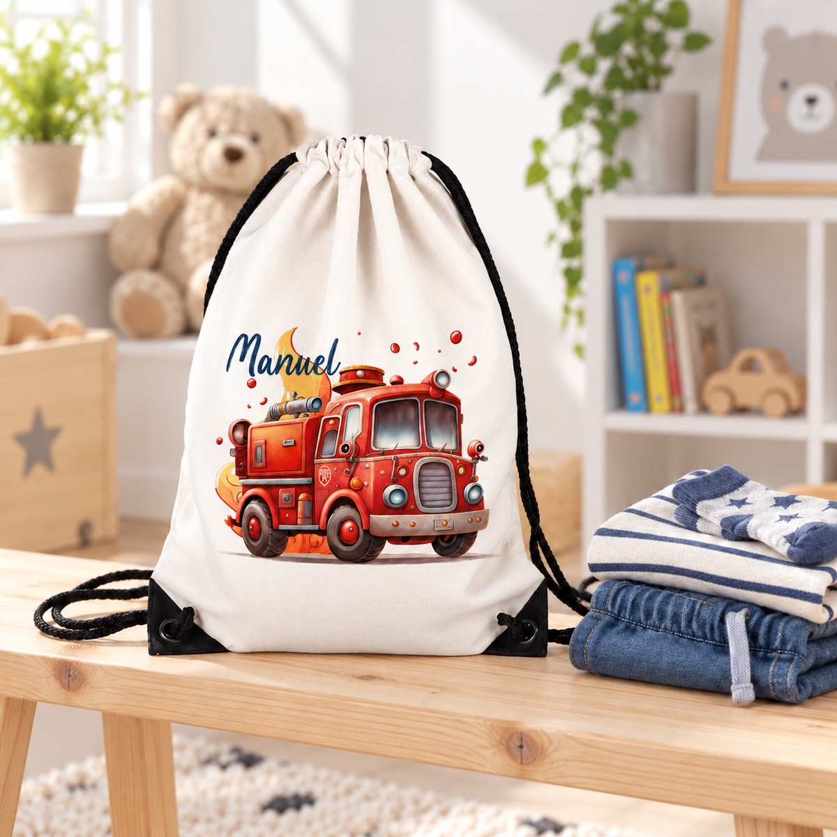 MUCKKI-PRO:d48c345954064cd127dedb3315ed8aab0a94989286efe4c82cfa8d8aaade4fde:Turnbeutel Feuerwehr 1 mit Wunschname personalisiert
