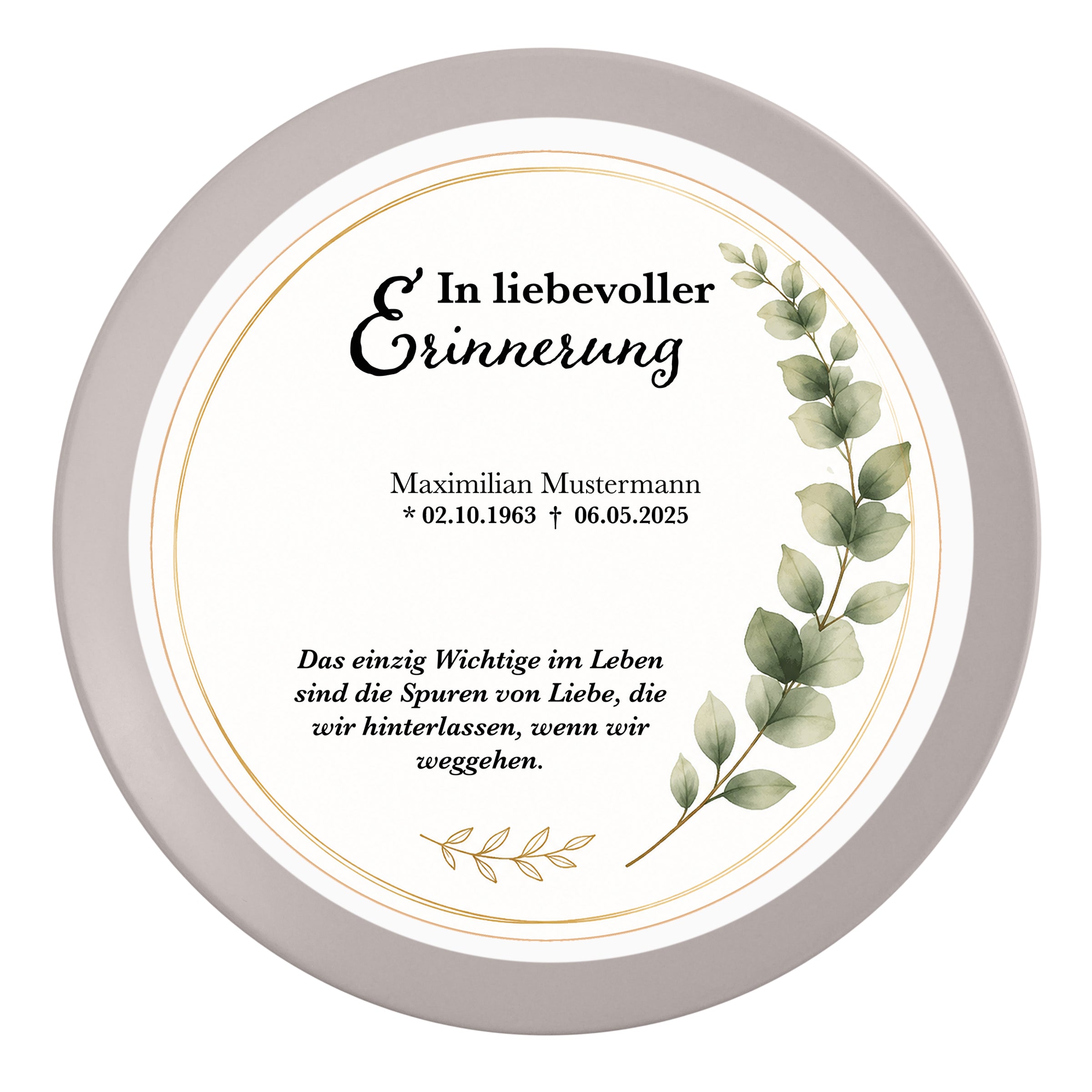 Tortenaufleger Beerdigung & Trauerfeier Eukalyptus 01 – personalisiert mit Name & Datum Fondantpapier 20cm