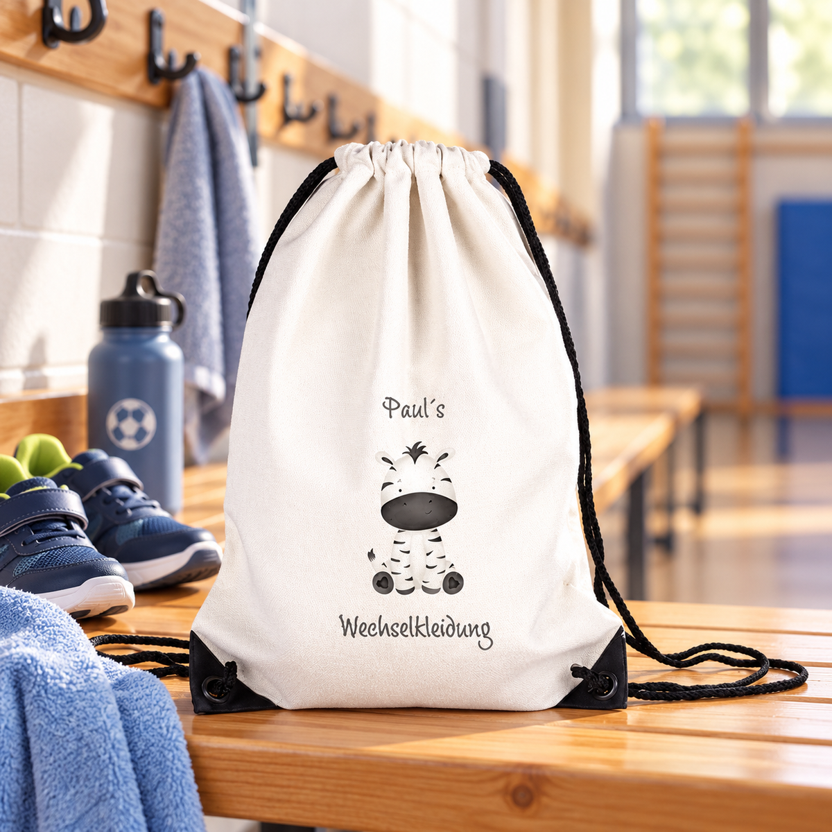 MUCKKI-PRO:8634581e4128739b629733d9cdd2c488ae736cae1311d67d713634bb25b8ed3a:Turnbeutel für Kinder Wechselkleidung-Zebra 1 Personalisiert mit Namen inkl. schwarzem Kordelzugband