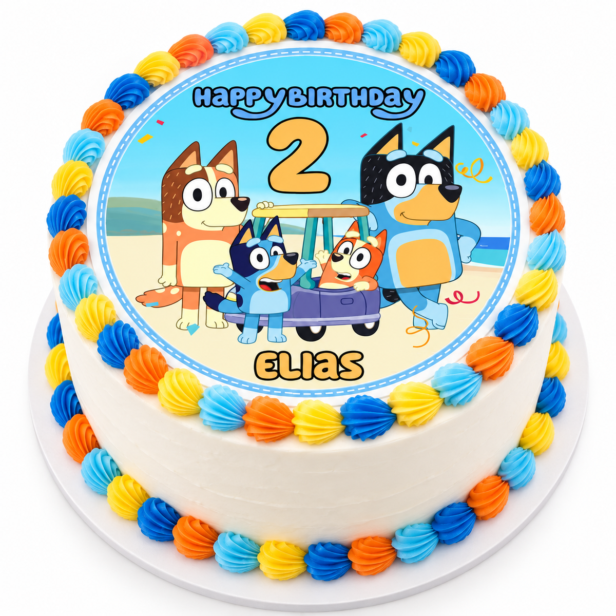 MUCKKI-PRO:afd467b2c8a083a0a19d3aed60144fe75f8804059a714387bf92567611e5772a:Tortenaufleger Geburtstag Bluey 2 Name & Zahl (20cm) Fondant Papier