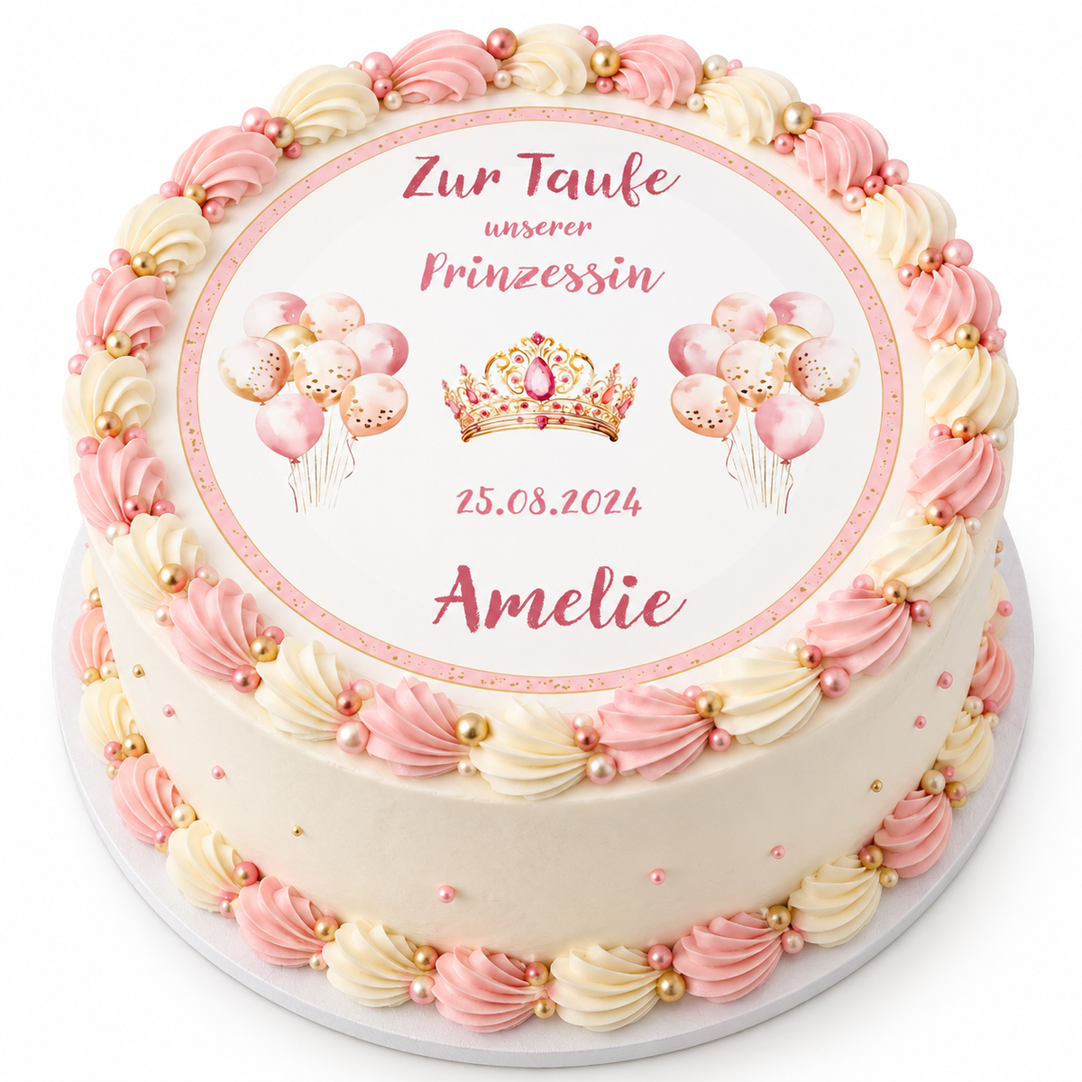 MUCKKI-PRO:a4534cf6d69b6e4ad26bd9a5348a49d9d35458750a2954ef0eaff18a606234a9:Tortenaufleger Taufe Prinzessin 1 Name & Datum (20cm)
