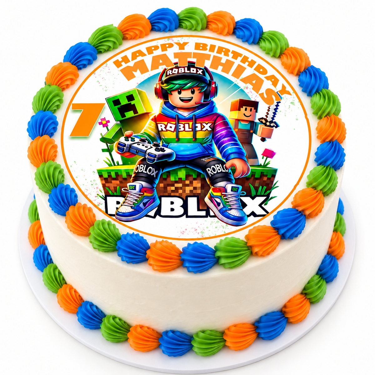 MUCKKI-PRO:2f808c7134150cbe121540cce96866f7e6ea067865412c8645b3b87fe991bb26:Tortenaufleger Geburtstag Roblox Gamer 2 Name & Zahl (20cm) Fondant Papier