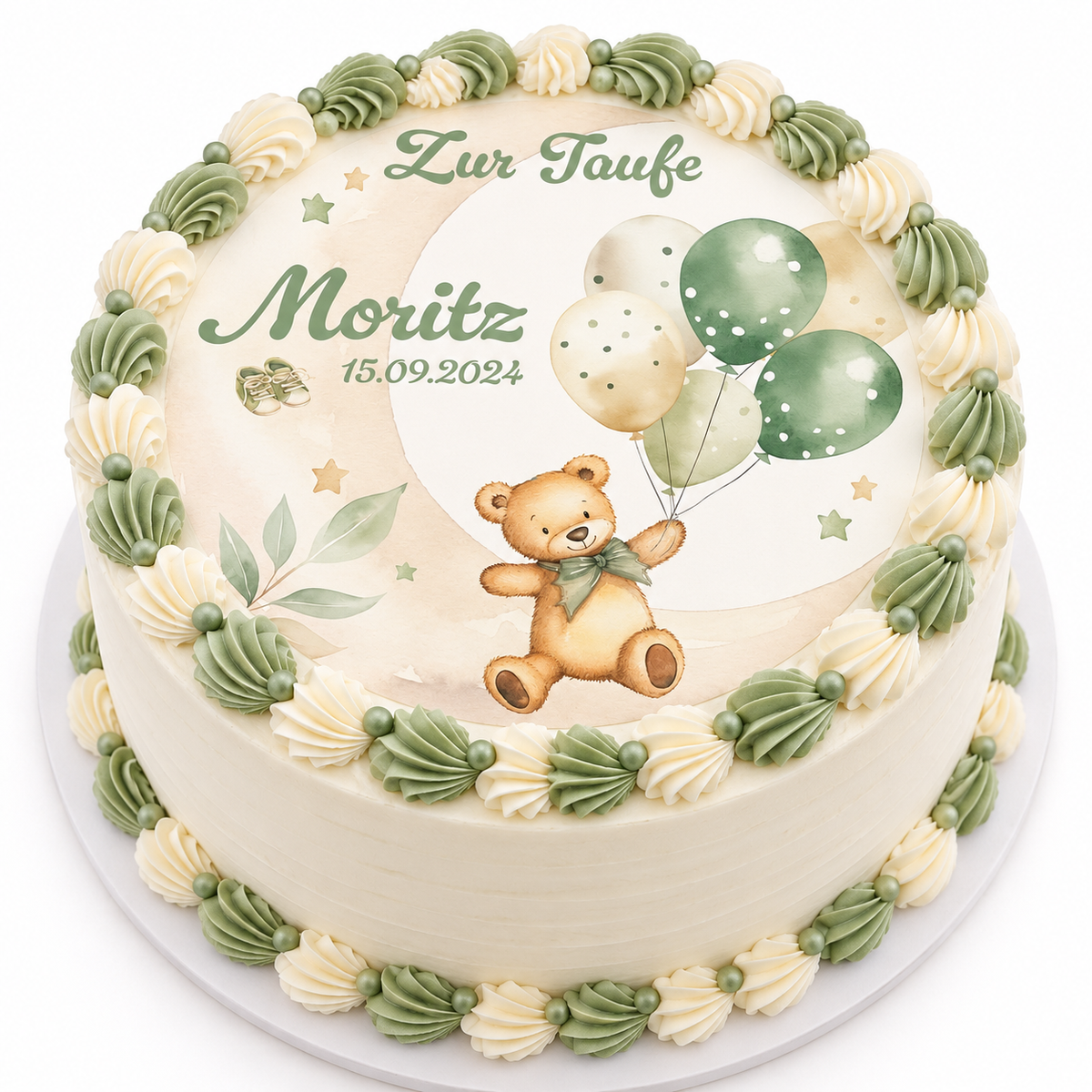 MUCKKI-PRO:419add155c150247e216751ca1f32a5bc411aaca0859cef3aff2c05b176f0141:Tortenaufleger Taufe Bär 1 Name & Datum (20cm)