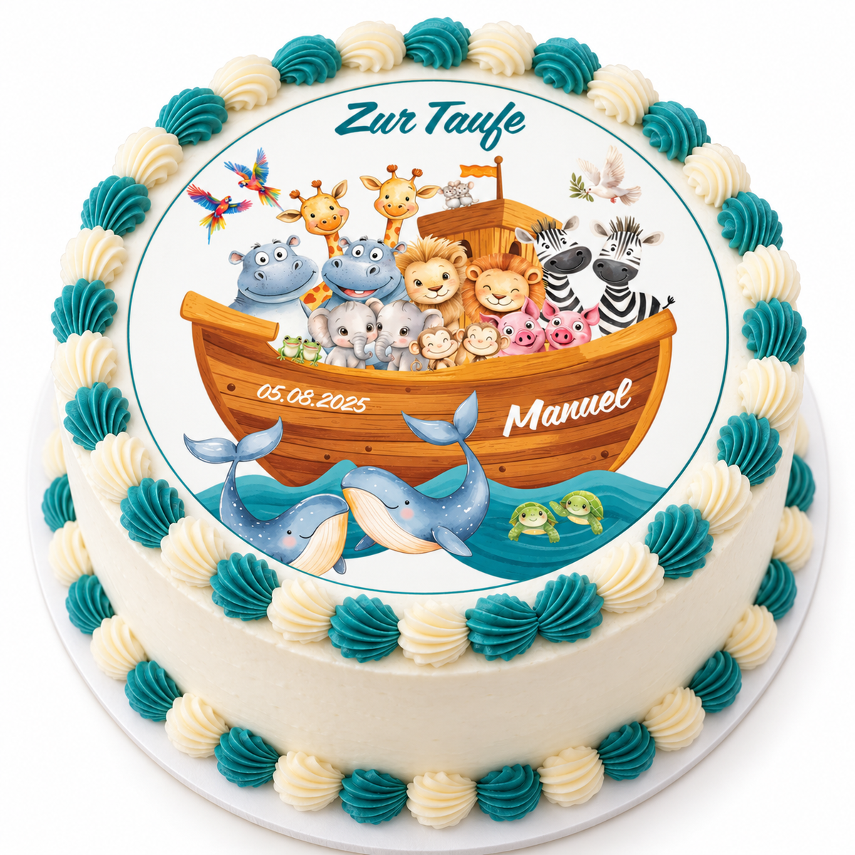 MUCKKI-PRO:bf02e874bbe8fa420c3ab0291032282f9da4b12dfc49aa908317a788b6580158:Tortenaufleger Taufe Arche-Noah 2 Name & Datum (20cm)