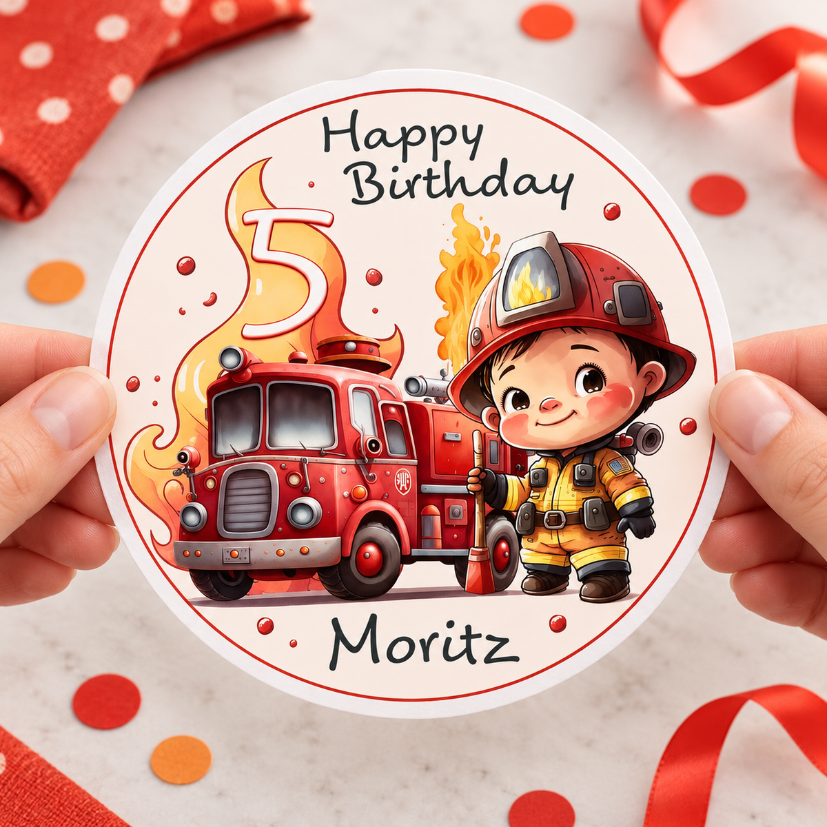 MUCKKI-PRO:bc63b66e92ebe2b5a984d6f58fd6fe6b1861452980628071f6d4e8213eb51ad3:Tortenaufleger Geburtstag Feuerwehr 1 Name & Zahl (20cm)