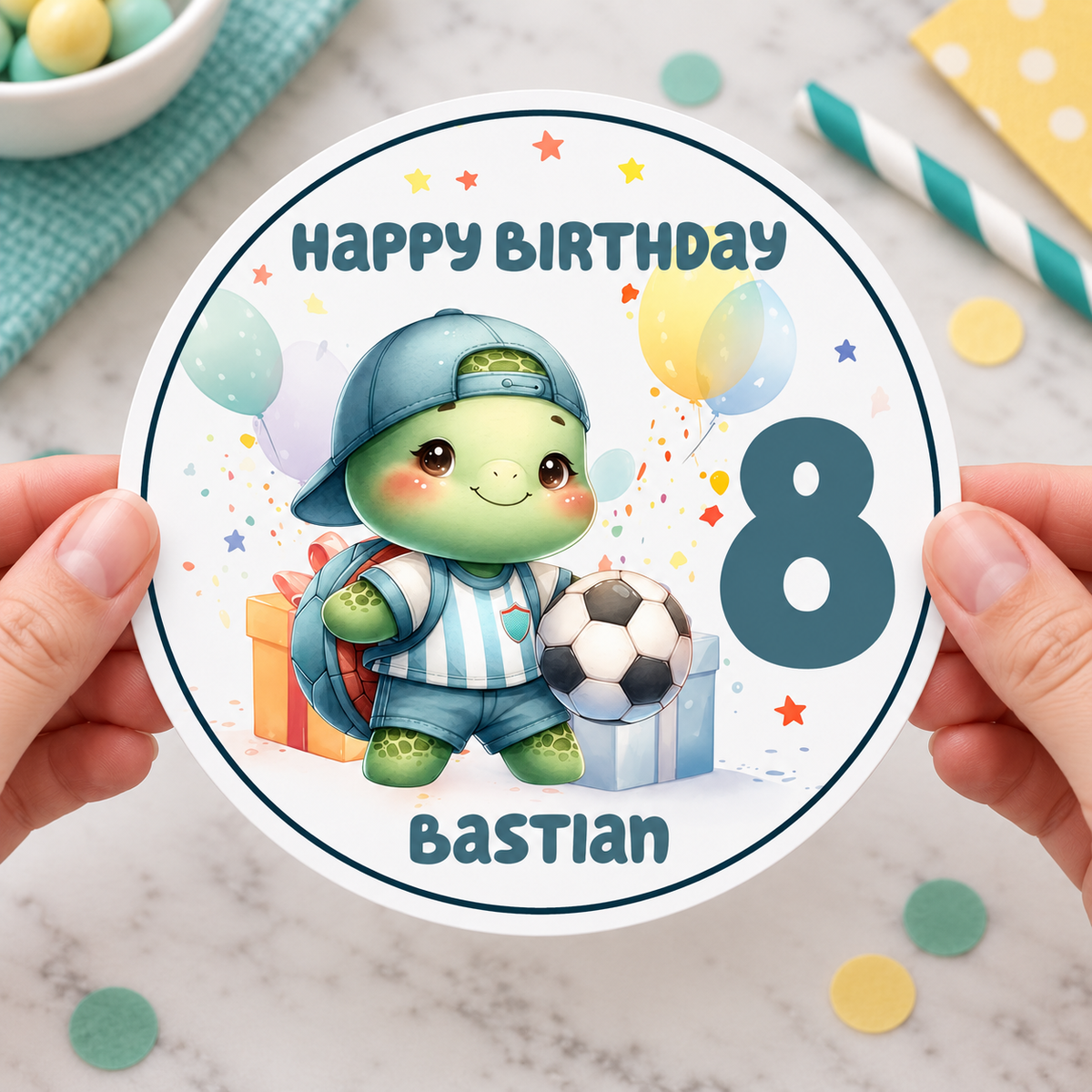 MUCKKI-PRO:93894ec72f64877e3a883371c5d81abfb1567ecc6bf19410a28e43fcf23723b0:Tortenaufleger Geburtstag Fußball 10 Personalisiert Name & Zahl (20cm) Fondant Papier