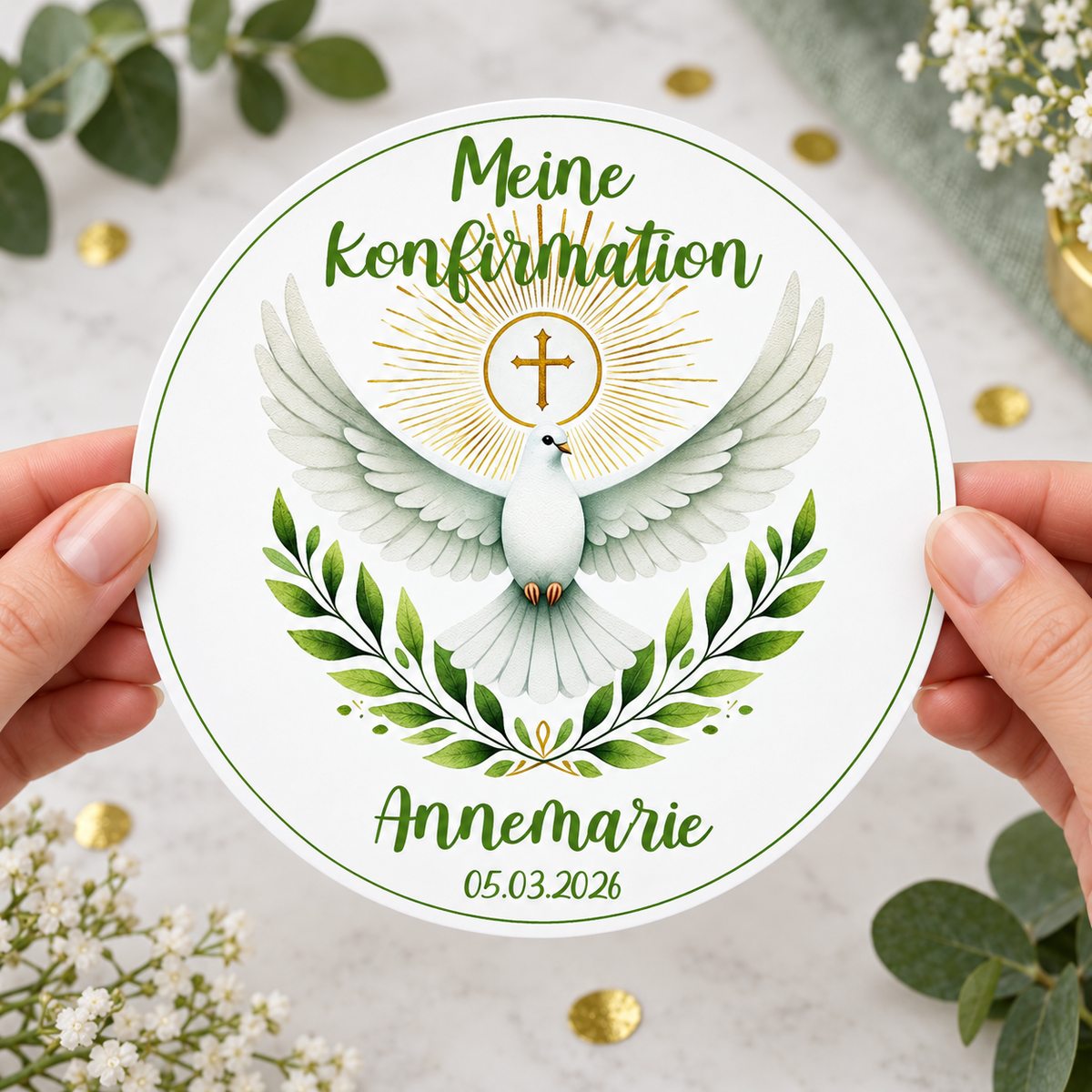 MUCKKI-PRO:8ad749fd1fc8a33133166ef14b76677126e7b75941714429e79b3b567e8b52ef:Tortenaufleger Konfirmation Heiliger Geist 1 Name & Datum (20cm)