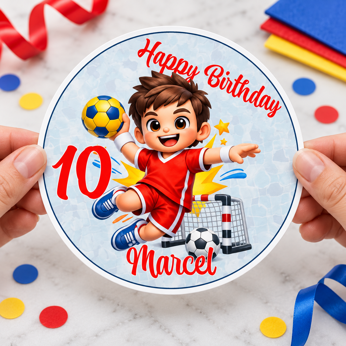 MUCKKI-PRO:98e2babb2378593ba8eeef455505cab4d5416cfb086f967f1e1ef2f7826af367:Tortenaufleger Geburtstag Handball 1 Name & Zahl (20cm) Fondant Papier