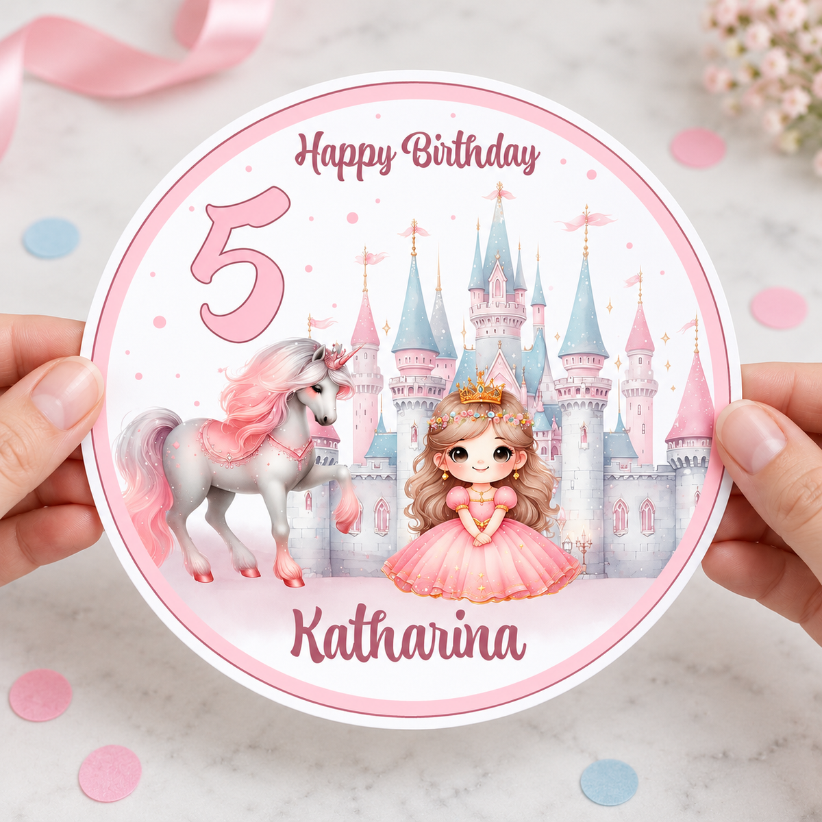 MUCKKI-PRO:44b8db6edf9165b12c6a14cfbc8662ba0fd096a4bb595523ae04eaa6554a7458:Tortenaufleger Geburtstag Prinzessin 1 Name & Zahl (20cm) Fondant Papier