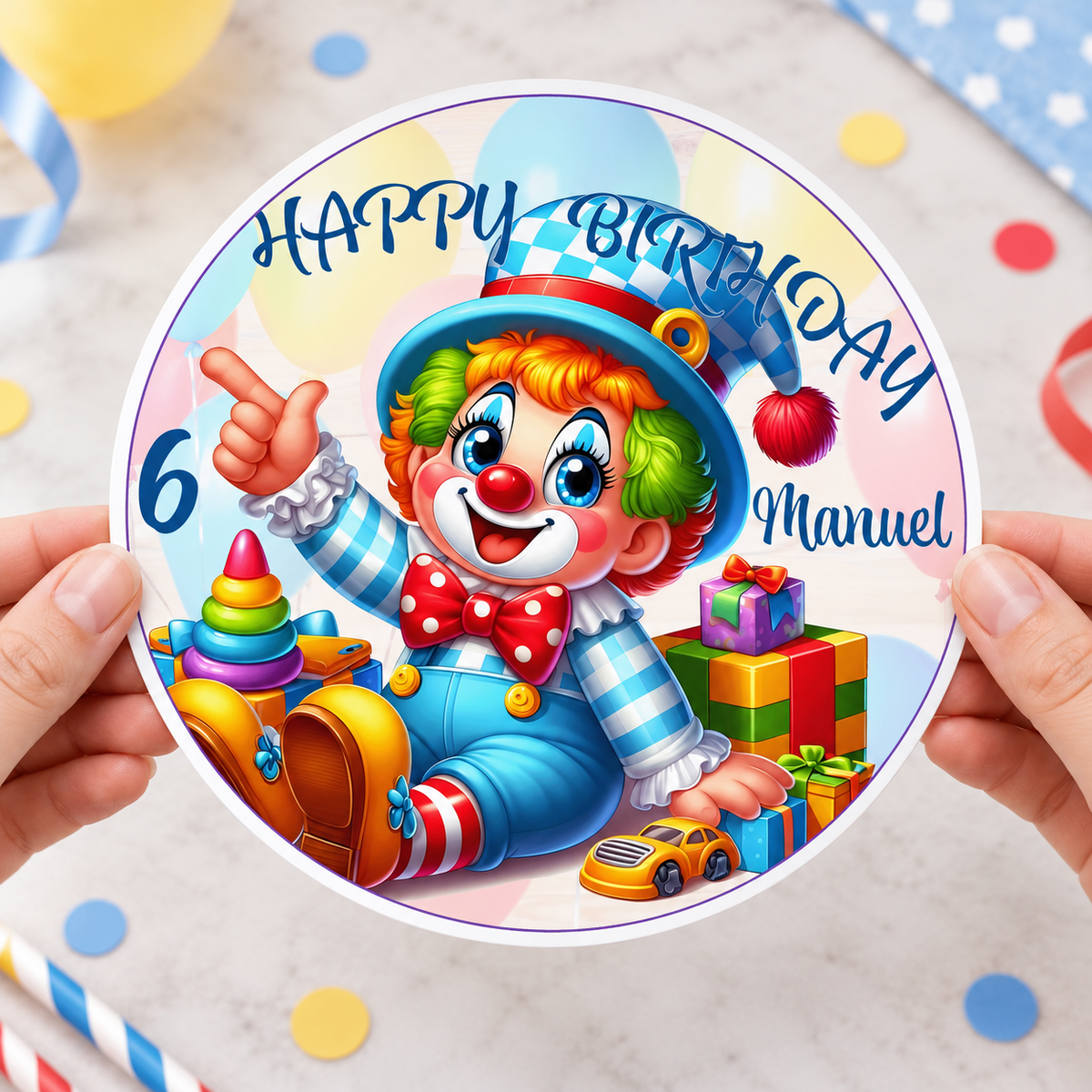 MUCKKI-PRO:61c9afe45e34062c5806c4ef62c78dc85008a089d898fcd9aee1d16d0f617e8a:Tortenaufleger Geburtstag Clown-Party 2 Name & Zahl (20cm) Fondant Papier