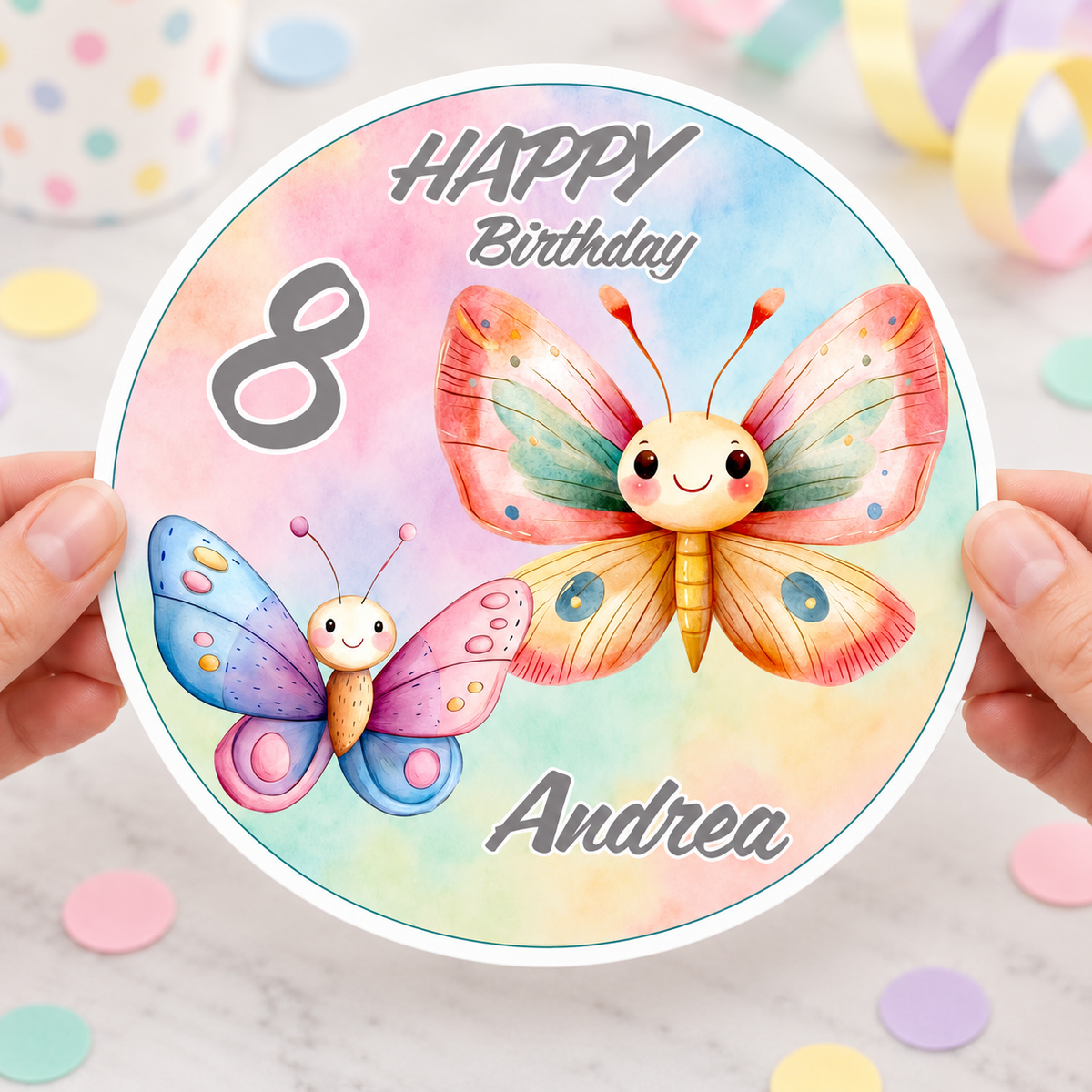 MUCKKI-PRO:fbe4d713501d6c41c28ec2373863b564525bad5f4a4c7837fbff29059bfb9cef:Tortenaufleger Geburtstag Schmetterling 2 Name & Zahl (20cm) Fondant Papier