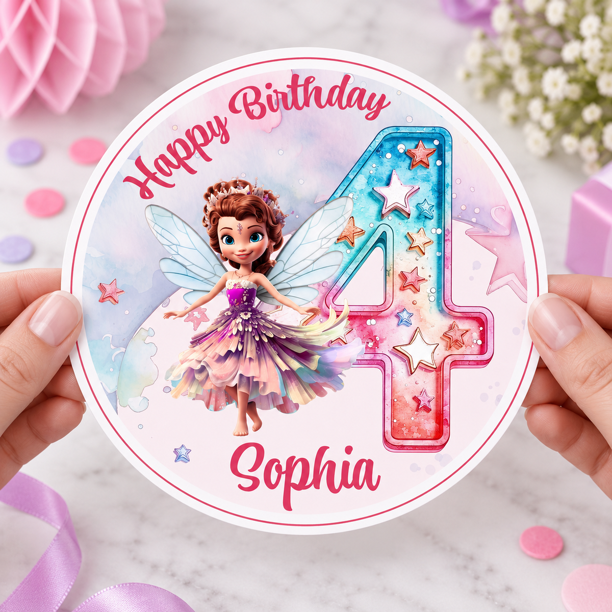 MUCKKI-PRO:849db5d799c92d3f6eedc0ddf2415b307aa428891ee715498e5cb5232ee168c9:Tortenaufleger Geburtstag Fee Fairy 1 Name & Zahl (20cm) Fondant Papier