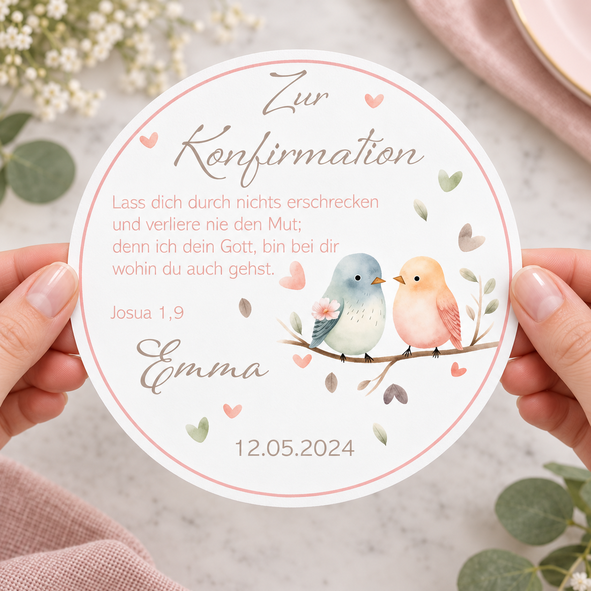 MUCKKI-PRO:87548ec01cca68e56456d0293314a7211dee2e7c24978dd28a01295aa364ccb5:Tortenaufleger Konfirmation Vögel 1 Name & Datum (20cm)